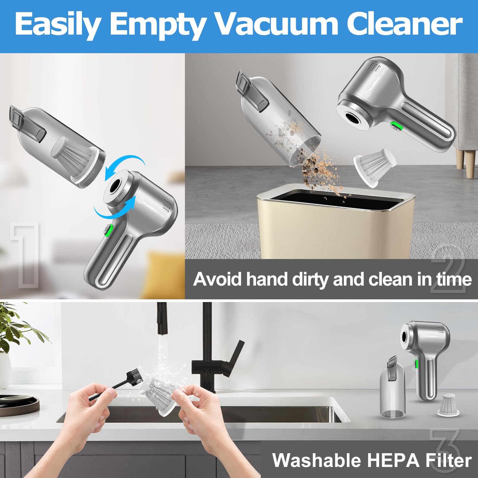 3-in-1 Portable Mini Car Vacuum Cleaner - 18000PA High Power Rechargeable Cordless Handheld Vacuum with Brushless Motor | Perfect for Car Detailing, Home Cleaning & Keyboard Dusting