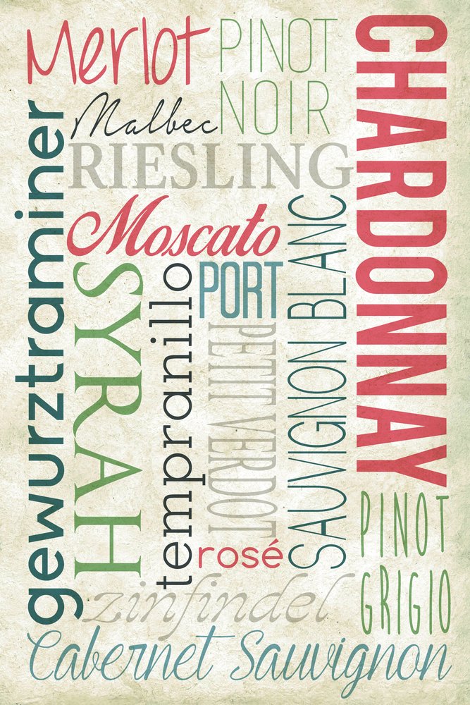 Lantern Press Wine Names Typography Wall Art - 12x18 Wrapped Canvas Print - Modern Home Decor for Dining Room, Kitchen & Wine Cellar - Perfect Gift for Wine Lovers