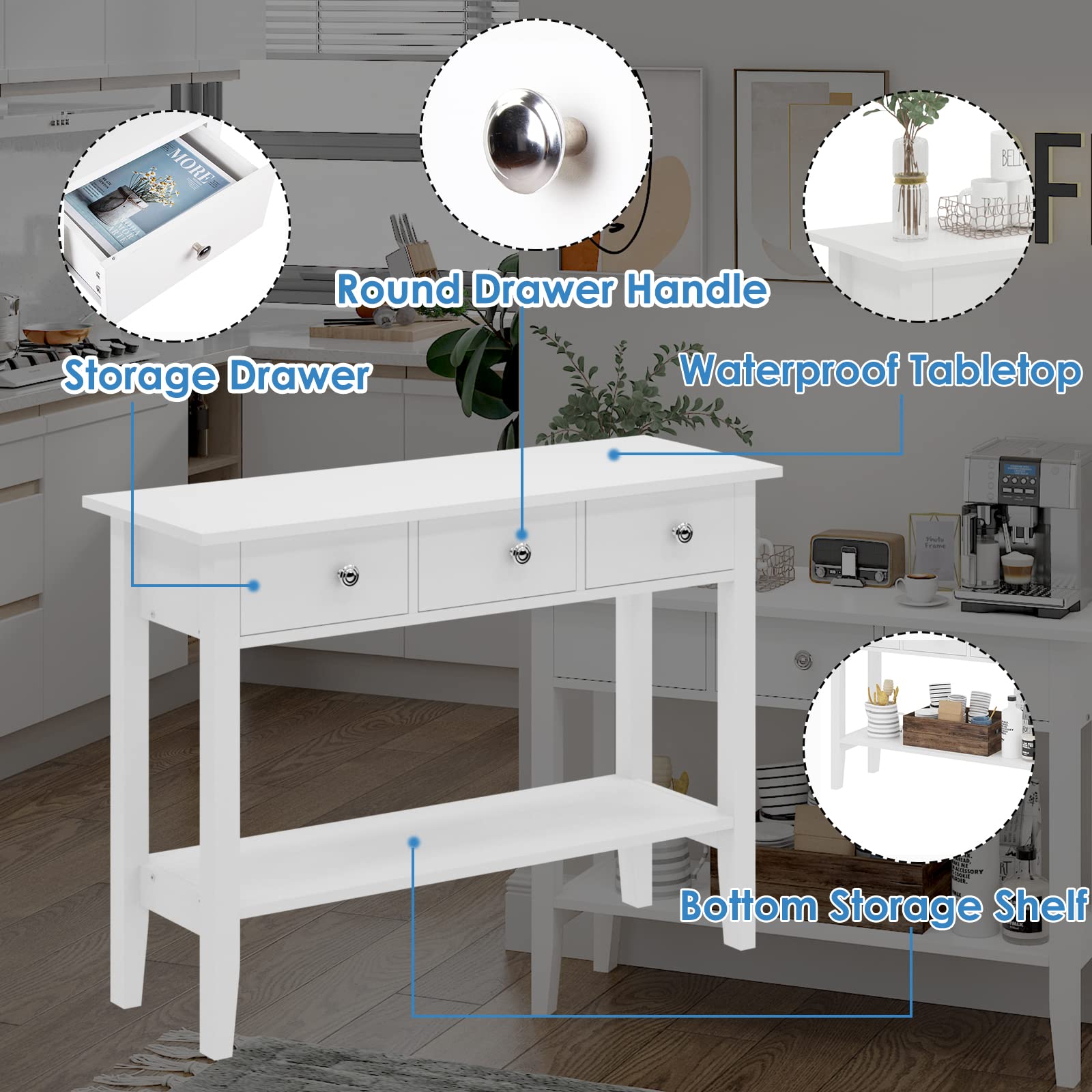 Soges 3-Drawer Console Table with Storage Shelf - Entryway Sofa Table, Hallway Table, Behind Couch Table - White - Perfect for Living Room, Corridor & Small Space Organization