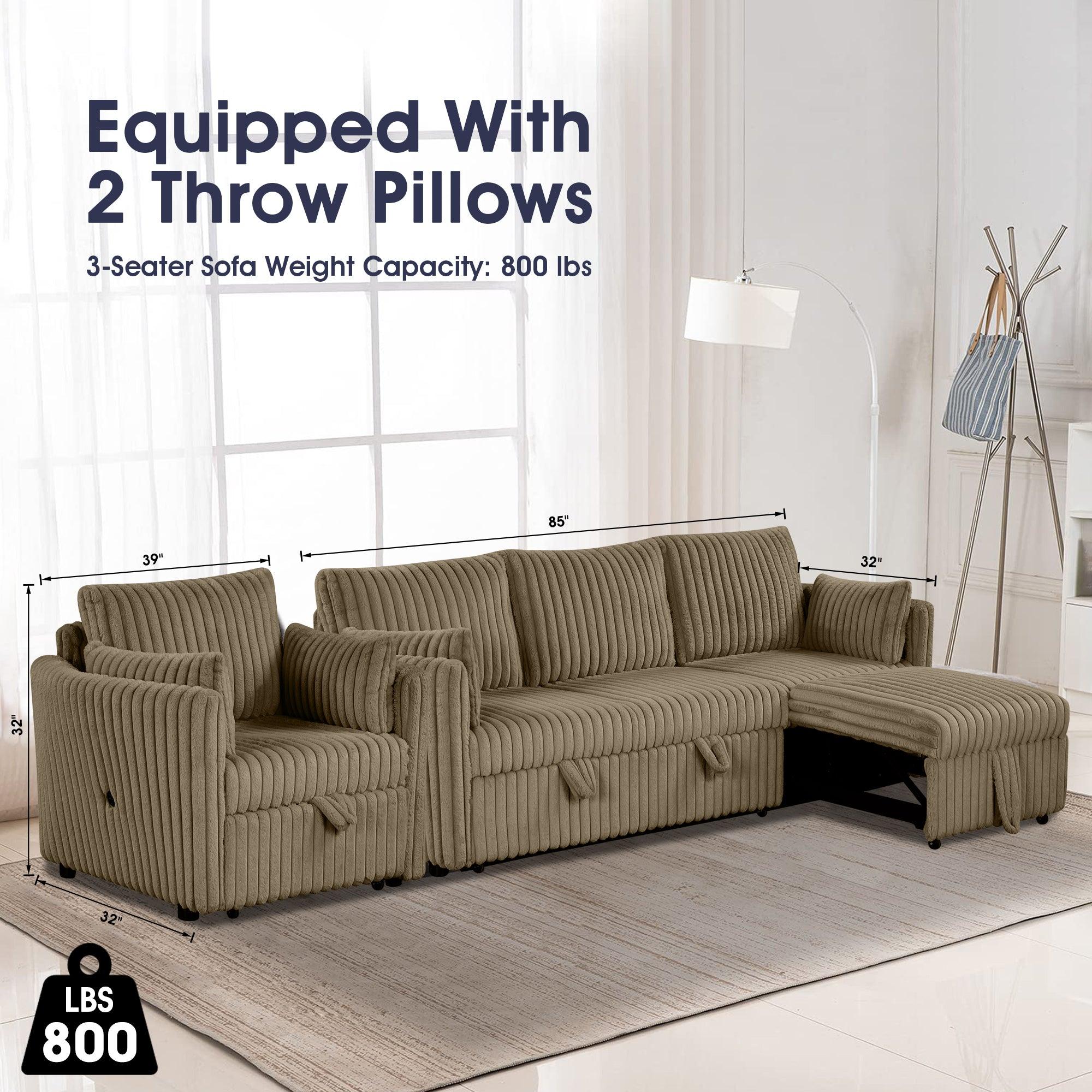 Luxury Brown Faux Fur Oversized Convertible Sectional Sofa - Sleeper Sofa, Daybed & Chair with 2 Pillows & USB Charging Ports - Perfect for Living Room, Home Theater & Guest Room Comfort