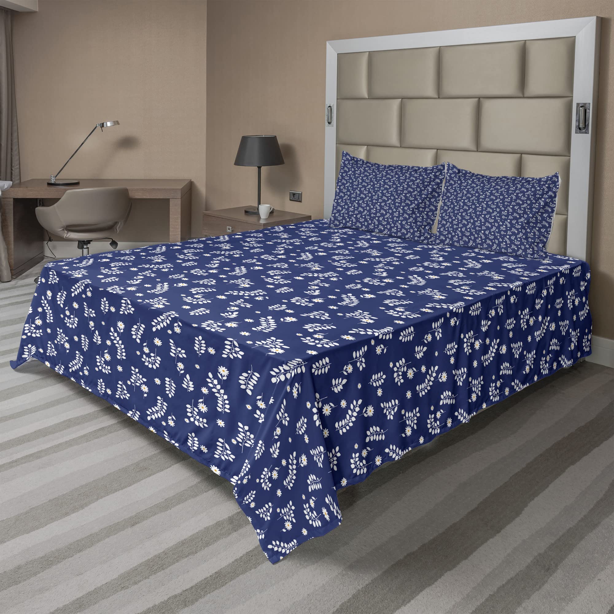 Ambesonne Floral King Sheet Set - 4 Piece Bedding with Silhouette Flowers & Leafy Branches, Dark Sky Blue Marigold | Soft Fitted & Flat Sheets + Pillowcases for Luxurious Bedroom Decor