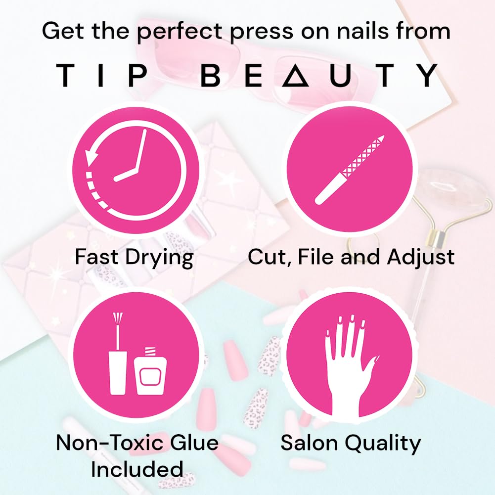 28PCS Coffin Fake Nails Kit with Quick Dry Nail Glue | Professional Salon Quality Press On Nails | Asymmetrical French Tip Artificial Nails for Women | Perfect for Parties, Weddings & Special Occasions
