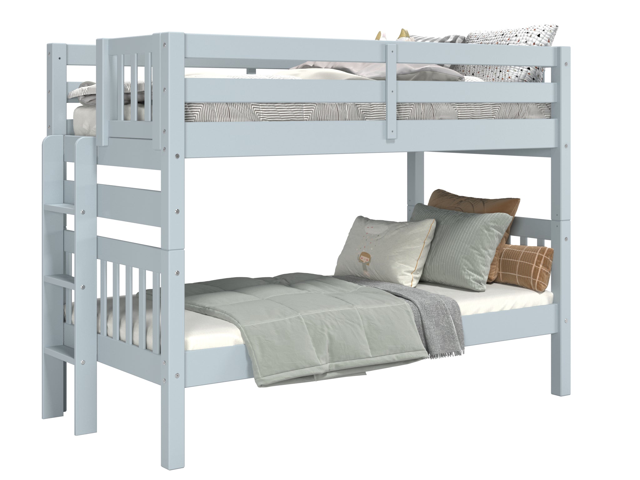 Bedz King Twin Over Twin Bunk Bed with End Ladder - Breezy Blue | Space-Saving Kids Bedroom Furniture for Siblings or Sleepovers