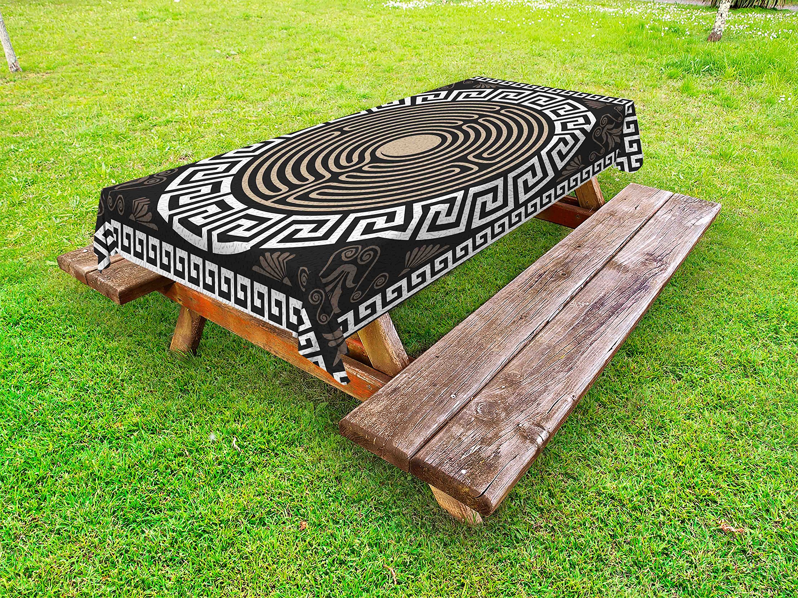 Ambesonne Vintage Boho Tablecloth - Washable Dark Brown Picnic Table Cover with Wavy Lines & Oriental Floral Design, 58x104 Inches, Perfect for Outdoor Dining, Garden Parties & Boho Home Decor