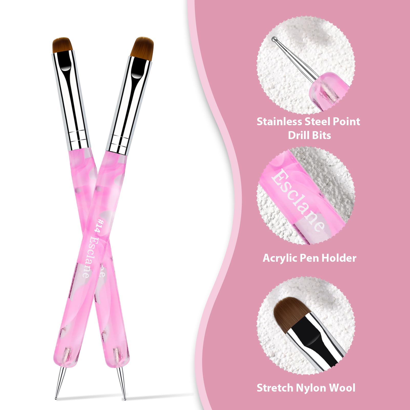 Esclane 2-Way French Manicure Brush with Dotting Tool - Professional Nail Art Design & Cuticle Clean Up Kit - Perfect for French Tips & Detailed Nail Designs (Pink, #14) - Ideal for Salon Professionals & DIY Home Manicures