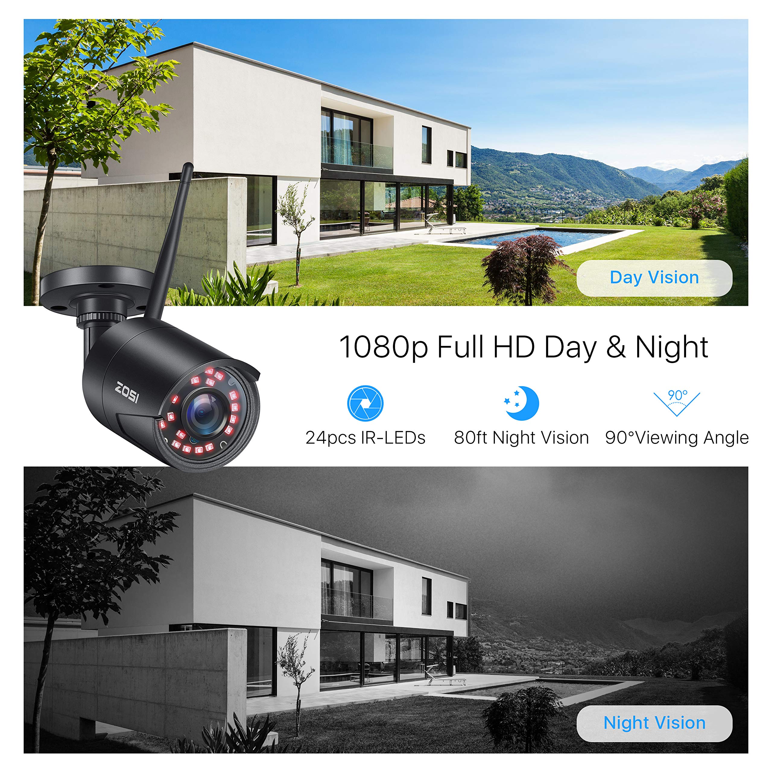 ZOSI 1080P Wireless Security Camera System with 8 Channel NVR & 1TB HDD - 4pcs 1080P WiFi IP Cameras for Indoor/Outdoor Use | Plug-in, Night Vision, Motion Detection, Remote Access | Ideal for Home Security, Business Surveillance & Property Monitoring
