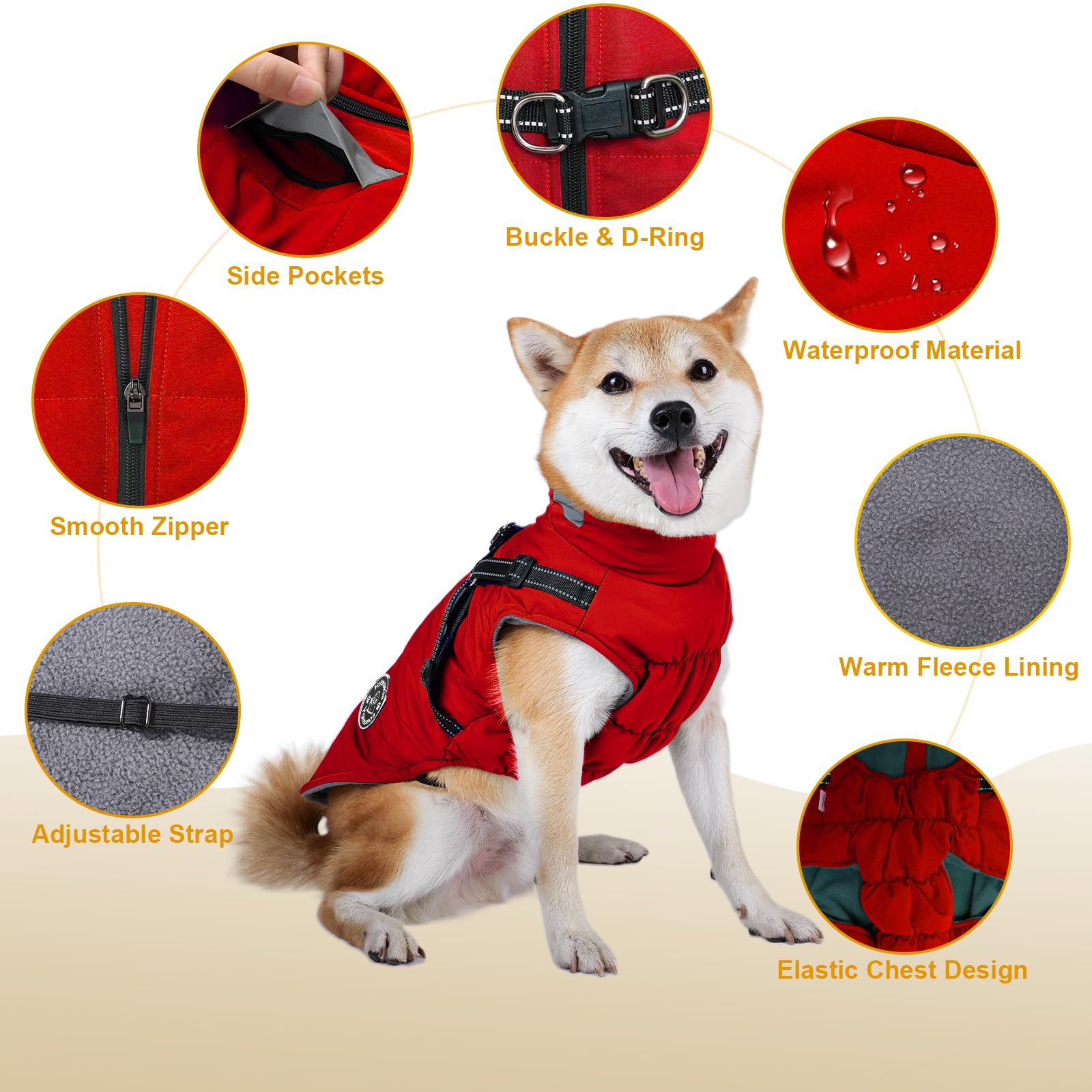 Warm Dog Jacket with Built-in Harness - Fleece Winter Coat for Small Medium Large Dogs | Waterproof Reflective Vest for Cold Weather | Red | Perfect for Outdoor Walks & Winter Adventures