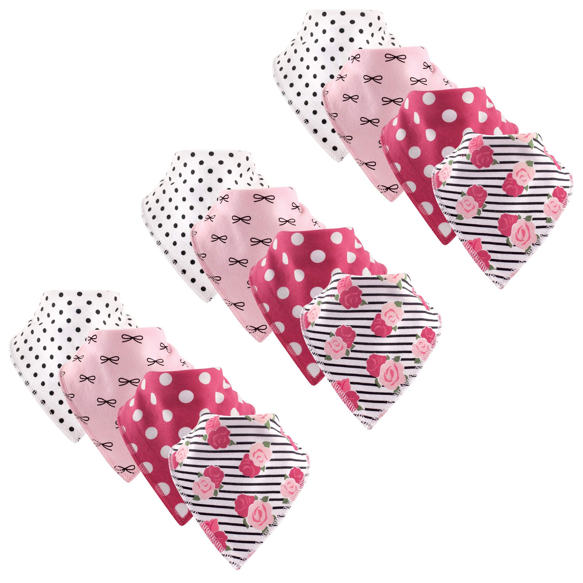 Hudson Baby Unisex Cotton Fleece Bandana Bibs - 12 Pack, Roses & Bows Design, Soft & Absorbent for Drooling & Feeding, Perfect for Babies & Toddlers (One Size) | Ideal for Mealtime, Playtime & Everyday Use