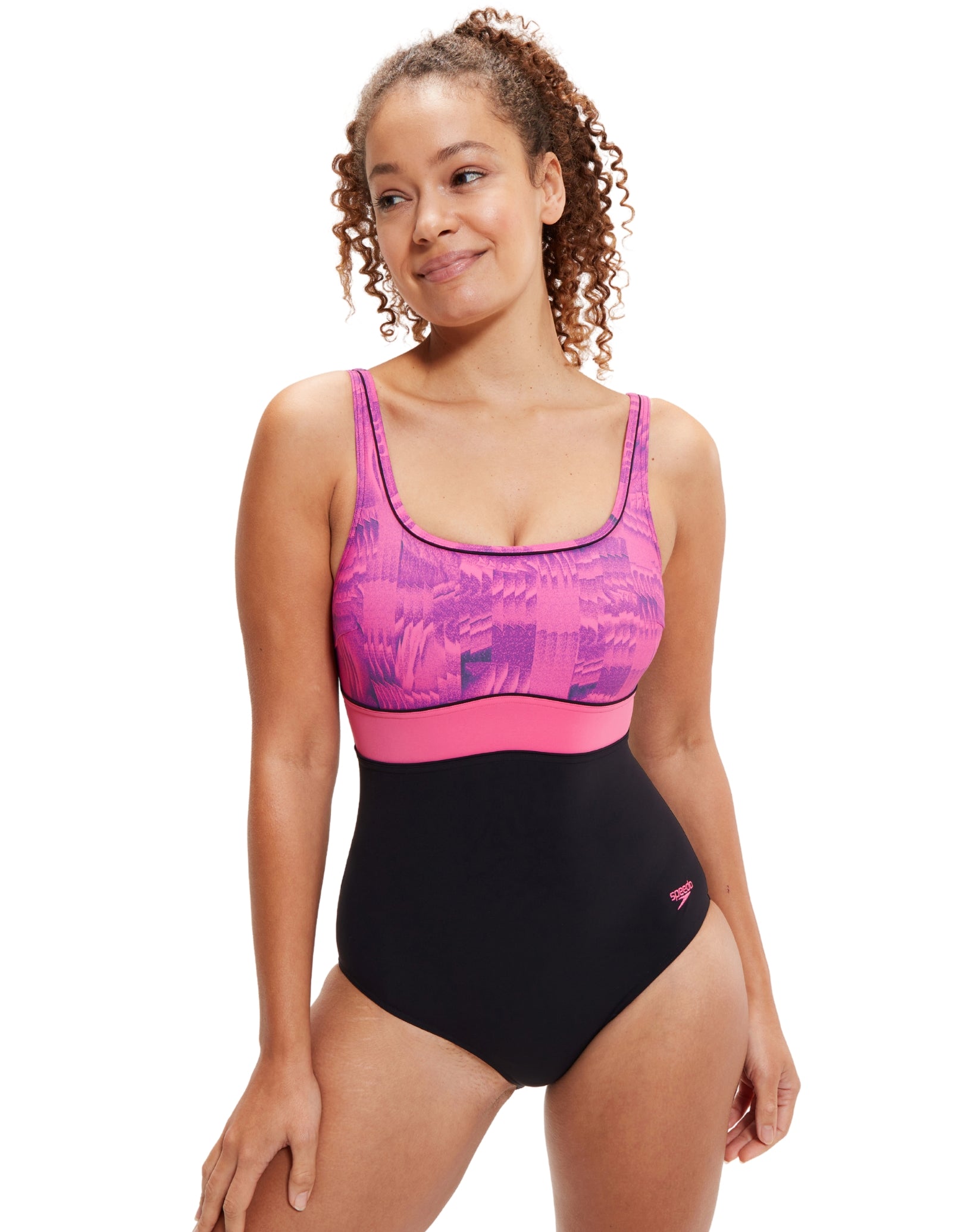 Shaping Contour Eclipse Printed Swimsuit - Black & Pink Two-Tone Slimming Swimwear for Women | Perfect for Beach Vacations, Pool Parties & Summer Getaways
