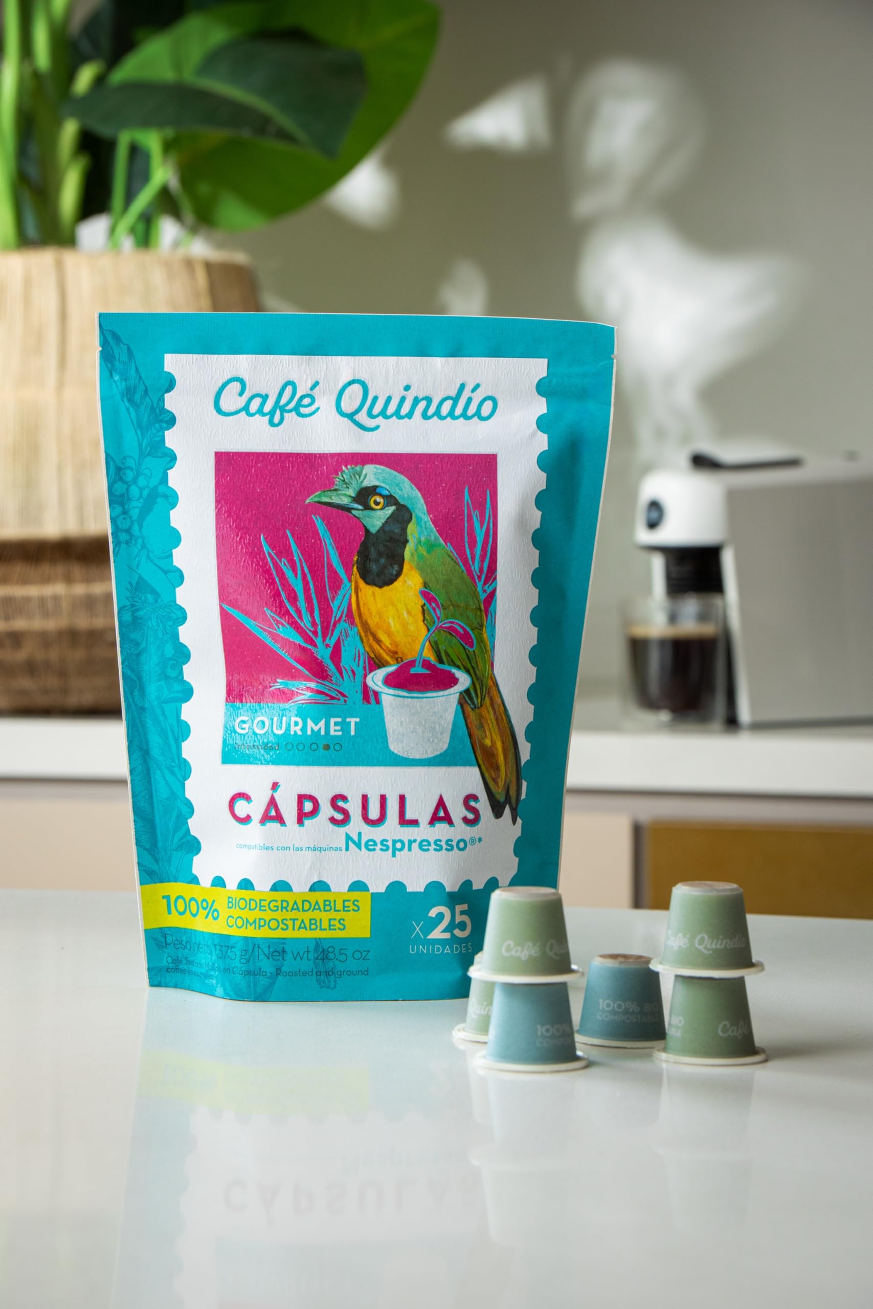 Eco-Friendly Cafe Quindio Compostable Coffee Pods - Compatible with Nespresso Original Machines | Gourmet Arabica Blend | 25 Biodegradable Pods per Bag | Perfect for Home, Office & Sustainable Coffee Lovers