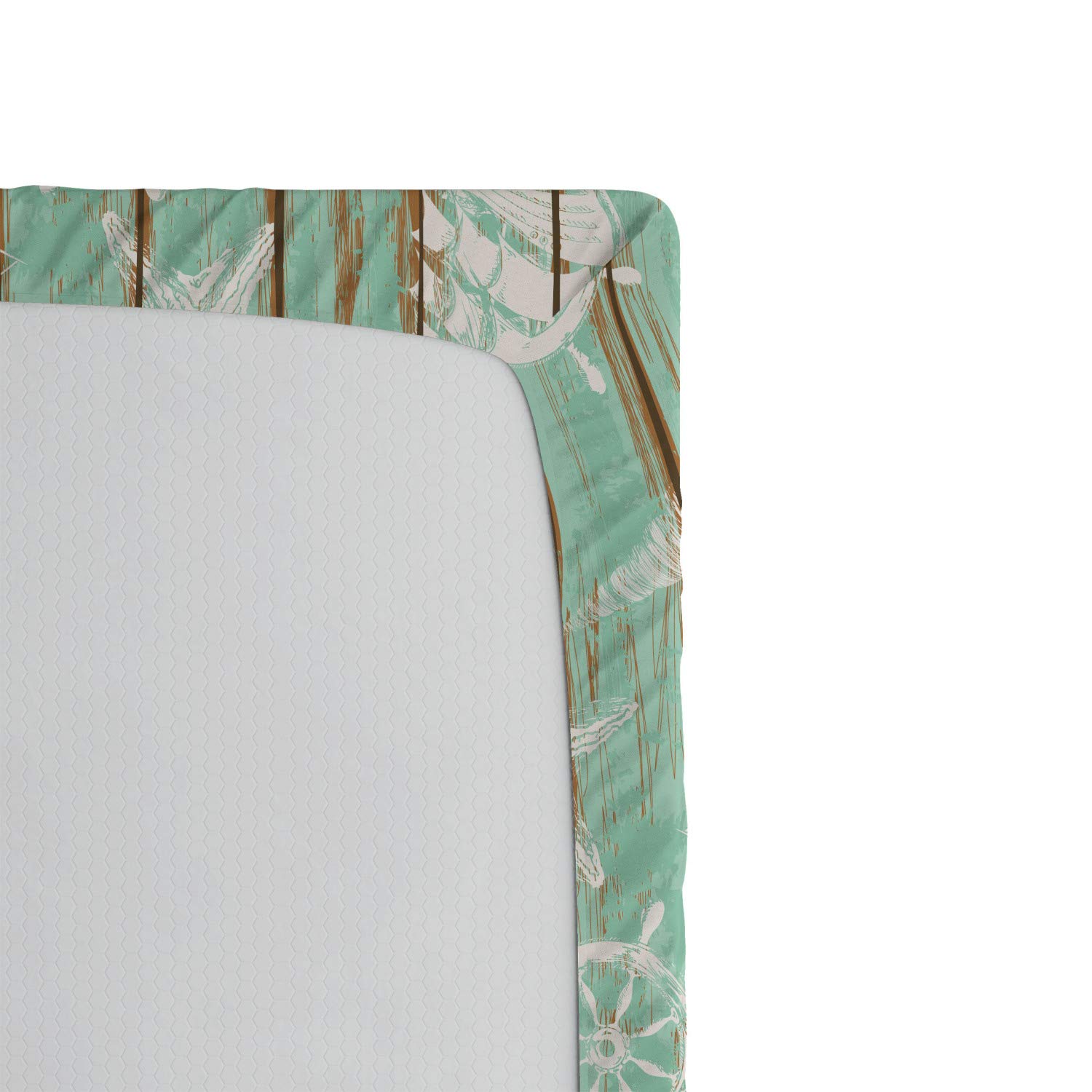 Ambesonne Nautical Fitted Sheet - Queen Size Mint Green Ship Wheel & Anchor Design Deep Pocket Bed Cover for Comfort | Perfect for Coastal, Beach House, or Maritime Themed Bedrooms