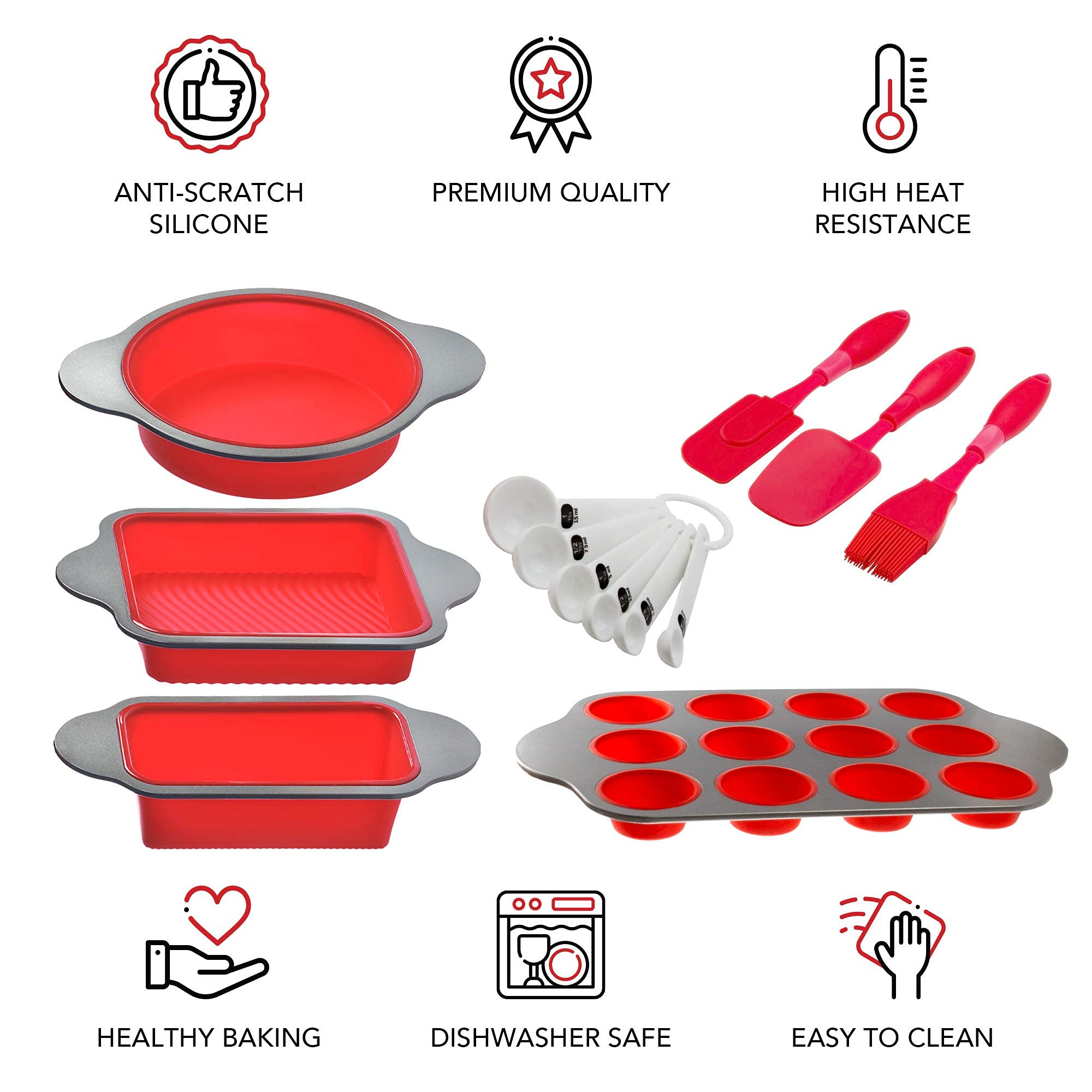 Boxiki Kitchen 13-Piece Non-Stick Silicone Baking Set - Cake Pan, Brownie Pan, Loaf Pan, Muffin Mold with Spatulas, Brush & Measuring Spoons | Oven, Freezer & Dishwasher Safe | Perfect for Baking Cakes, Cookies, Bread & More at Home