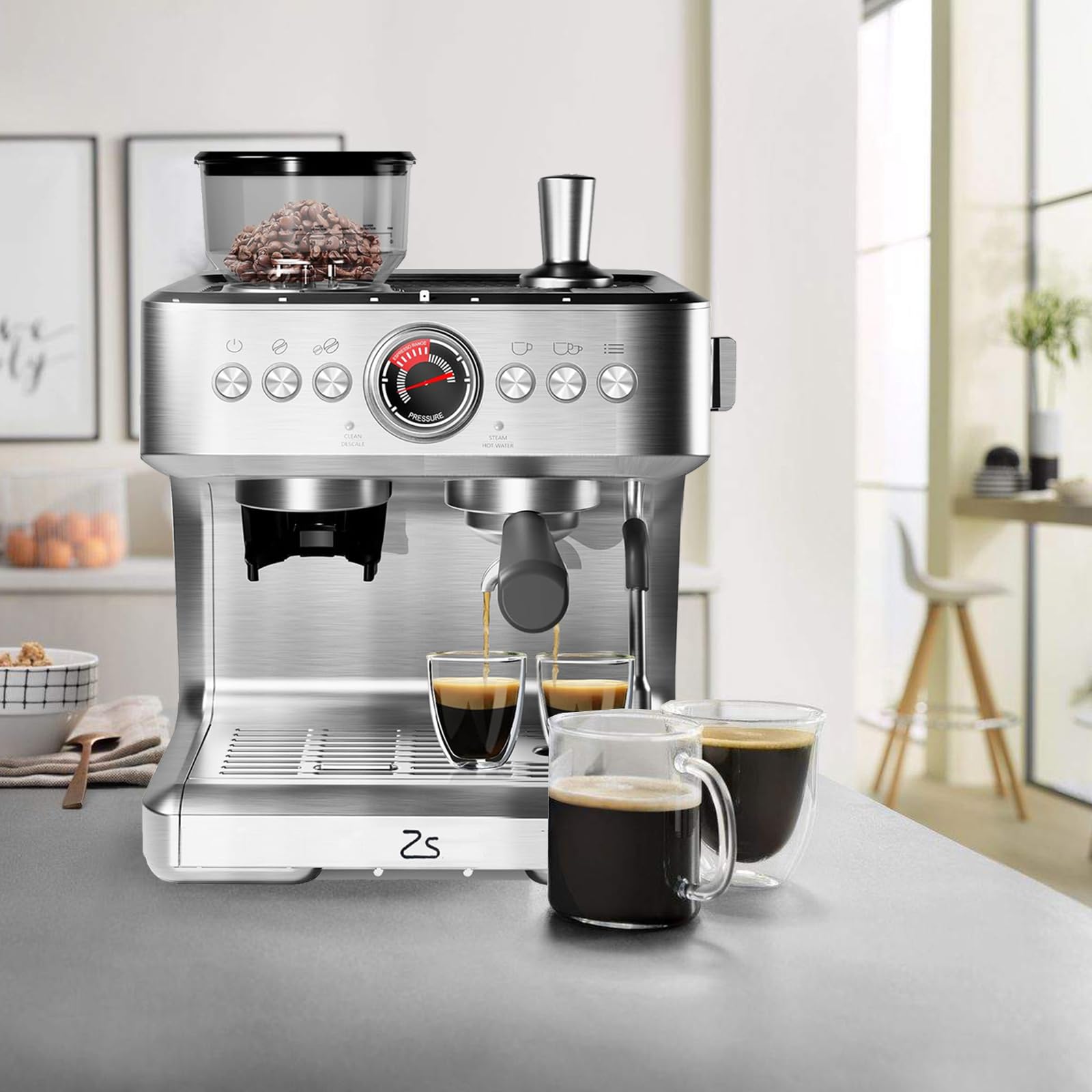 GlowSol 20-Bar Semi Automatic Espresso Machine with Built-in Bean Grinder & Milk Frother, 2.8L Water Tank - Perfect for Home Baristas to Make Latte, Cappuccino and Specialty Coffee Drinks (Ideal for Kitchen, Office or Small Coffee Shop Use)