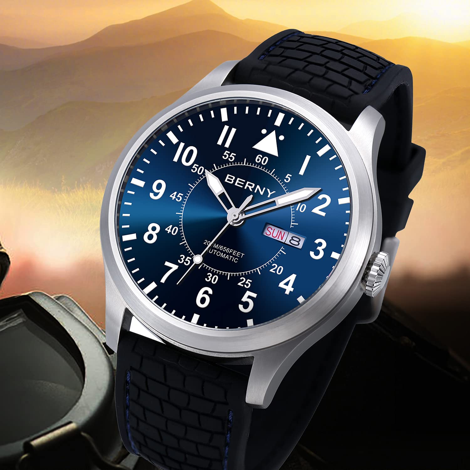 BERNY Men's Automatic Self-Winding Mechanical Watch - 20ATM Waterproof, Sapphire Crystal Glass, Super Luminous, Oversized Dial (No Battery Needed) - Perfect for Business, Diving & Outdoor Activities