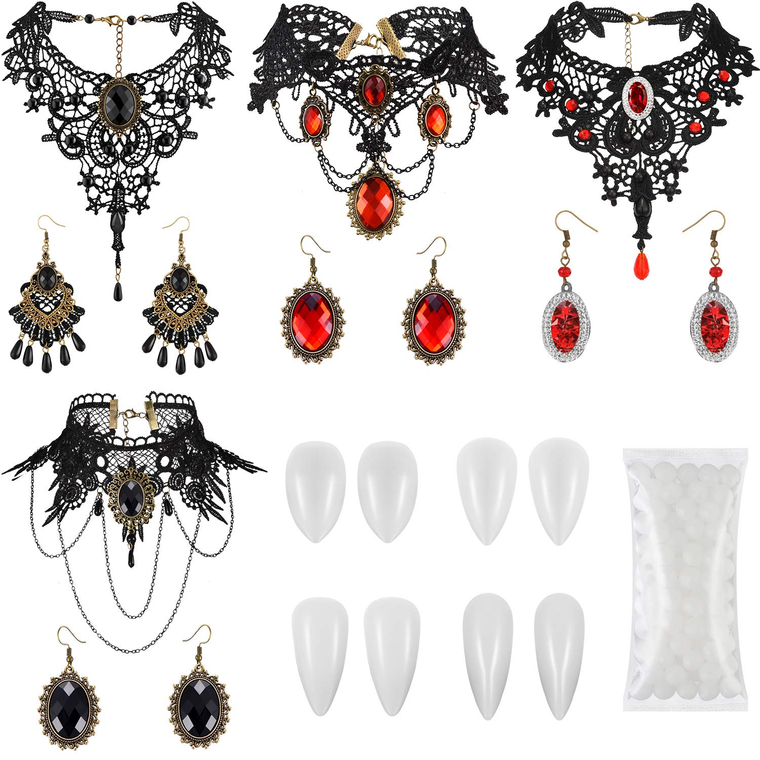 9-Piece Gothic Vampire Jewelry Set with Choker, Earrings & Fangs - Victorian Style Halloween Costume Accessories for Cosplay, Weddings & Gothic Lolita Fashion