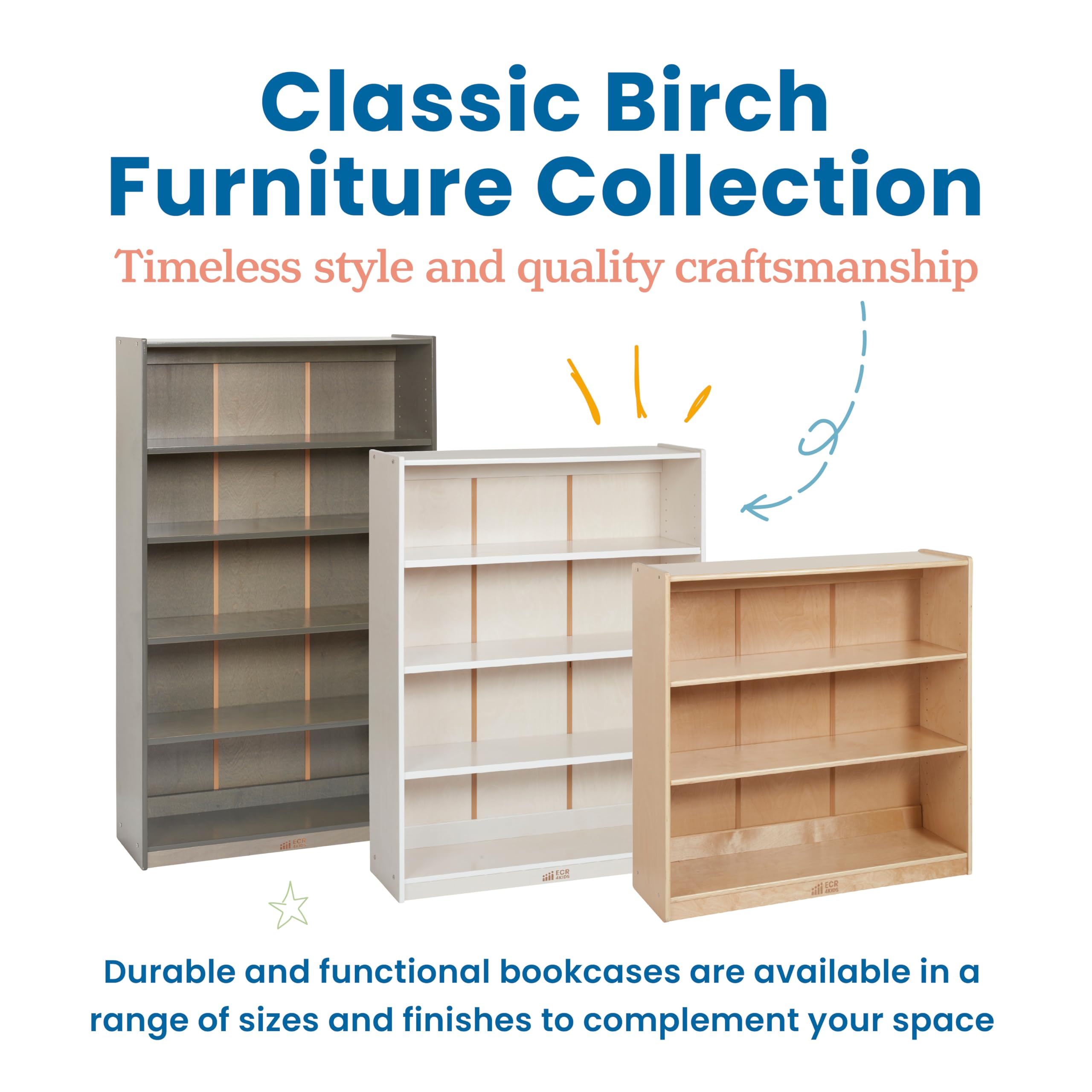 ECR4Kids Classic 60-Inch Bookcase with Adjustable Shelves, Grey Wash Finish - Perfect for Kids' Rooms, Classrooms, and Home Libraries