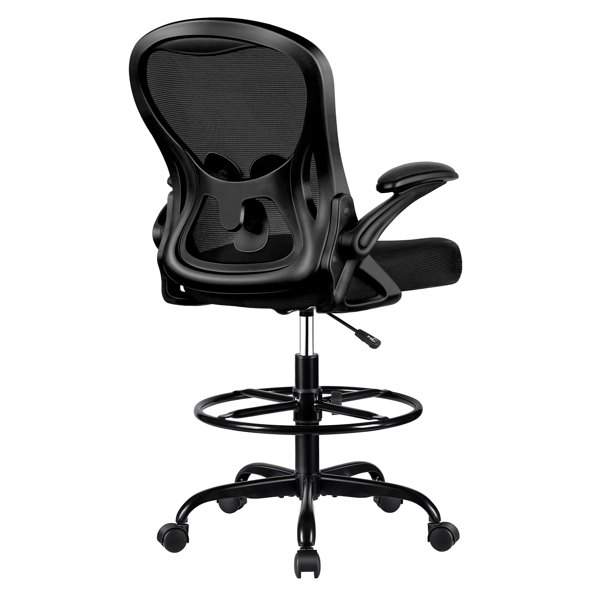 Ergonomic Drafting Chair - Adjustable Height Office Chair with Lumbar Support, Swivel & Rolling Base, Flip-Up Armrests & Foot Ring for Standing Desk - Black | Perfect for Architects, Artists, Home Office & Computer Workstations