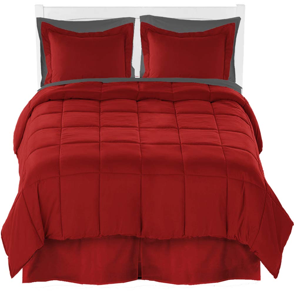 Premium Ultra-Soft Brushed Microfiber Queen Comforter Set with Sheet Set & Bed Skirt - Red Comforter, Grey Sheets, Red Bed Skirt for Cozy Bedroom Decor & Guest Room Setup