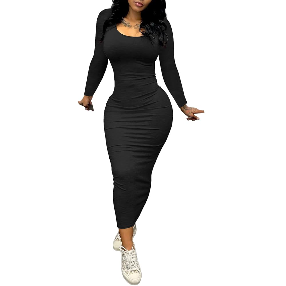 PINSV Women's Bodycon Maxi Dress - Scoop Neck Long Sleeve Wrap Dress for Casual Wear, Party & Date Night | Flattering Stretchy Fabric for Comfort & Style