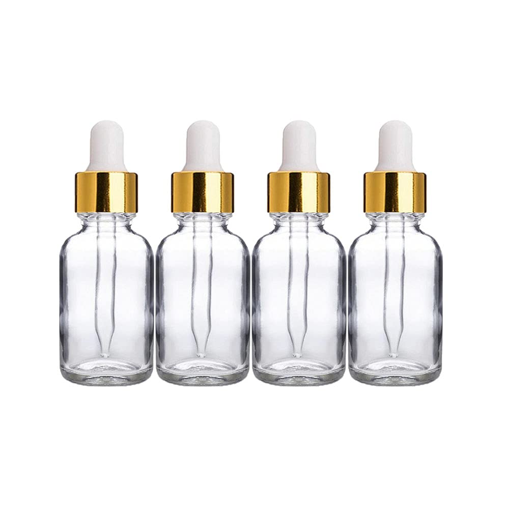 Premium 15ML Essential Oil Glass Bottles with Euro Dropper - 4 Pack Leakproof Refillable DIY Beauty Containers with Gold Ring & White Silicone Teat for Aromatherapy, Skincare, Travel & Home Use