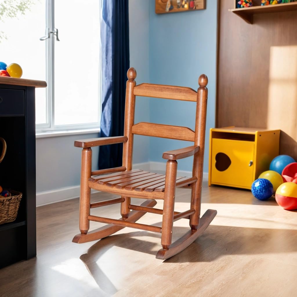 Wooden Rocking Chair for Toddlers Ages 3-6 - Kids Rocker Chair for Indoor & Outdoor Use - Patio, Porch, Balcony, Nursery Furniture - Natural Brown Finish - Perfect for Reading Nook, Playroom or Relaxation Time