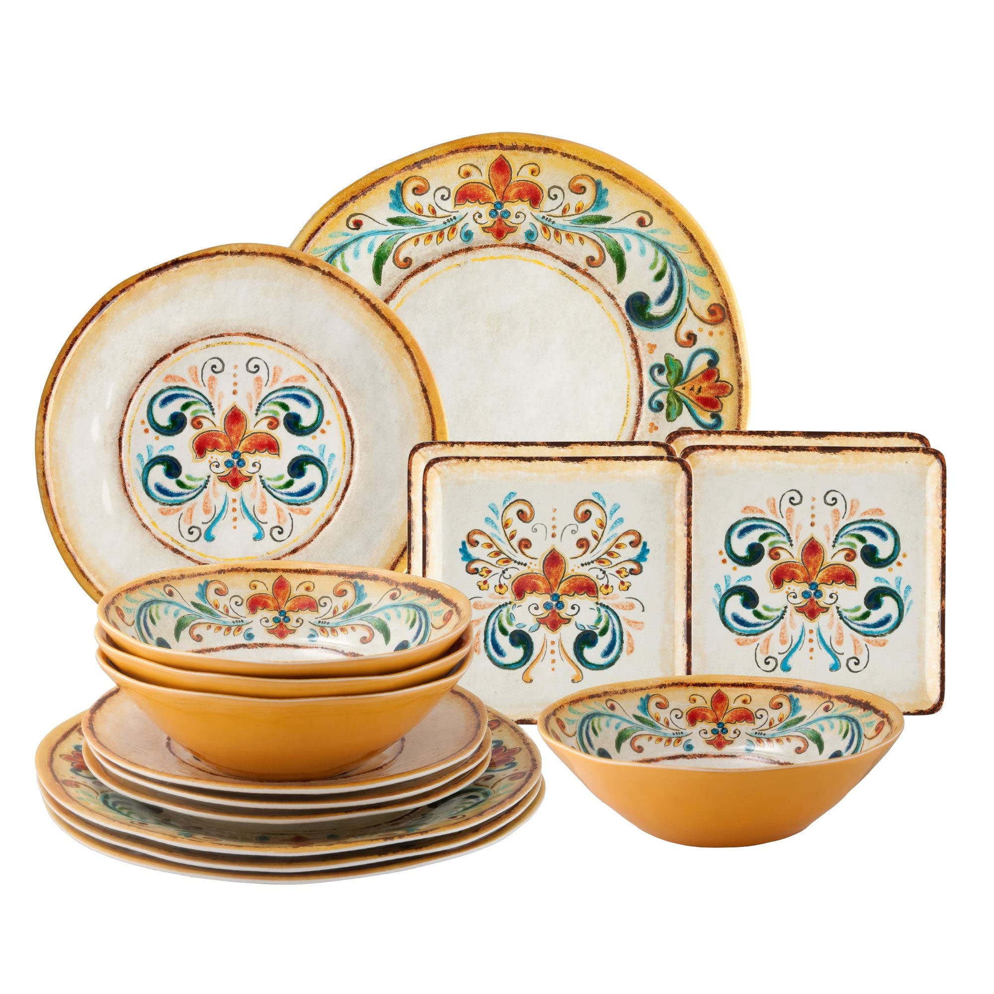 UPware 16-Piece Melamine Dinnerware Set - 4 Dinner Plates, 4 Salad Plates, 4 Dessert Plates & 4 Bowls, Durable & Lightweight for Outdoor Dining, Picnics, Camping & Everyday Use (Tuscany Design)