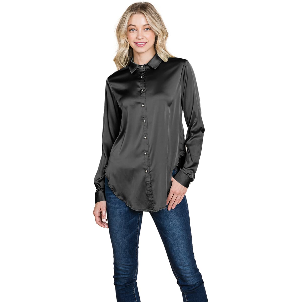 Elegant Women's Long Sleeve Satin Silk Blouse - Button Down Shirt for Work & Formal Occasions | Office Wear, Business Attire & Special Events