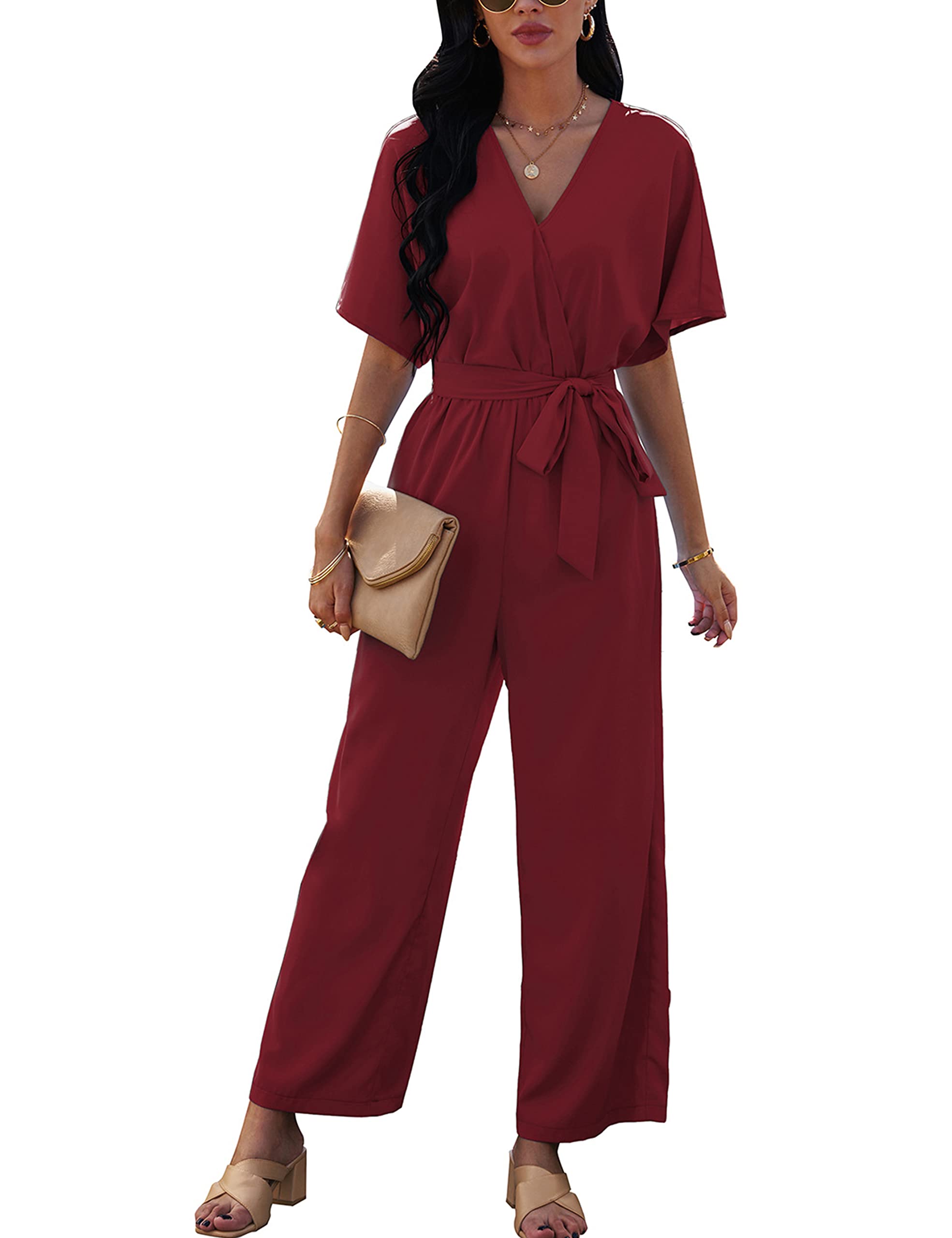 Fiona Jolin Women's Casual Short Sleeve Tie Waist Wide Leg Pant Romper Jumpsuit - Perfect for Summer Outfits, Beach Vacations & Everyday Wear