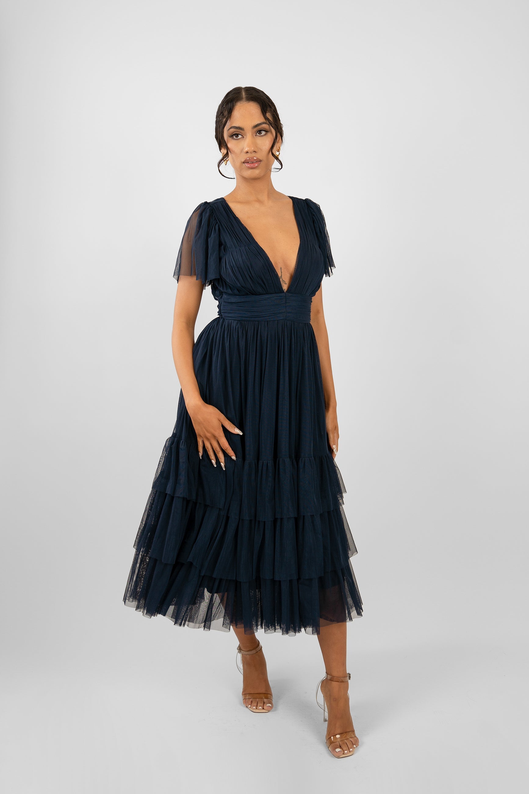 Madison Navy Blue Tulle Bridesmaid Midi Dress - Elegant Formal Wedding Party Gown for Bridesmaids, Evening Events & Special Occasions