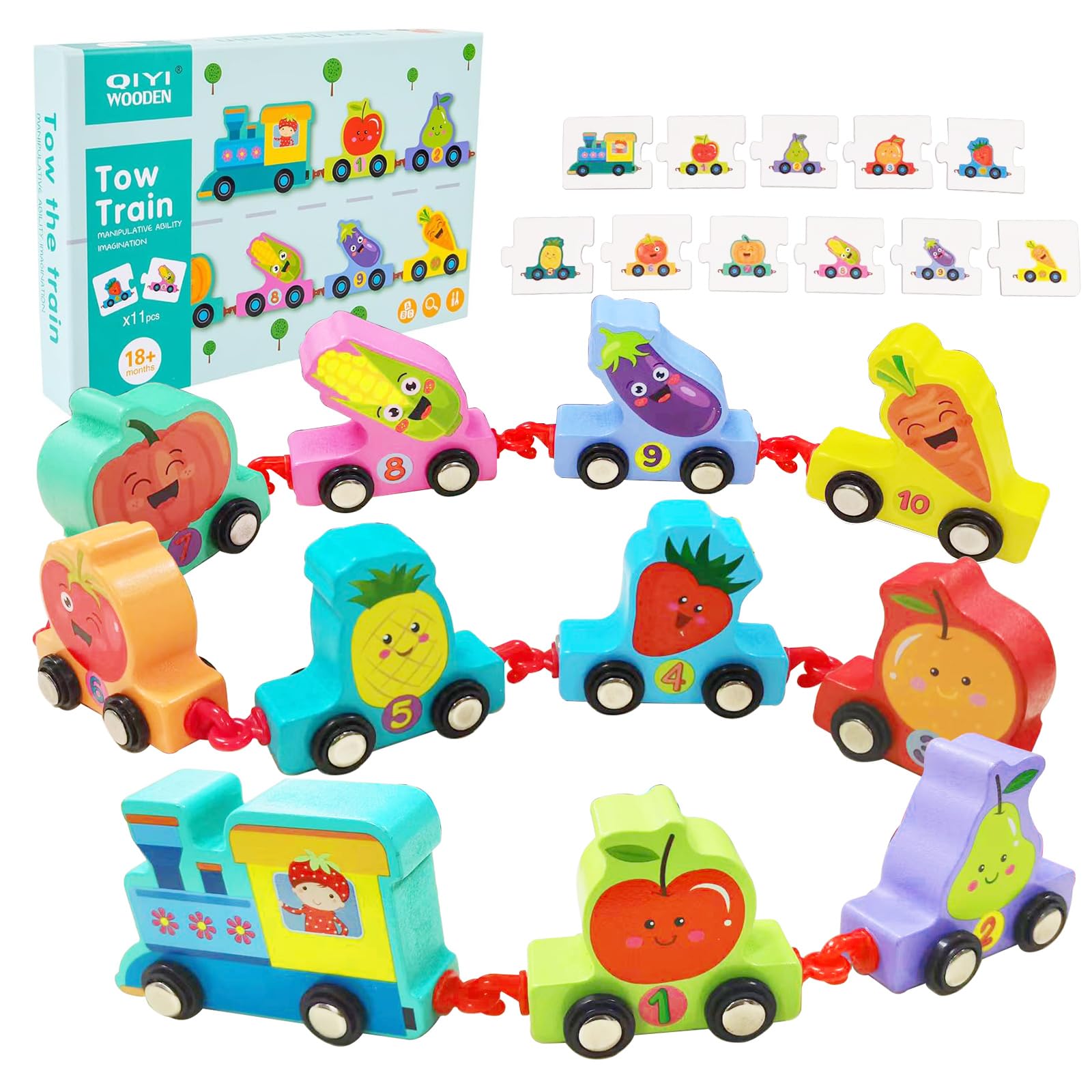 **Montessori Wooden Train Toy Set for Toddlers 2-5 Years - 11 PCS Fruits & Vegetables with Numbers - Educational Birthday Gift for Boys & Girls - Perfect for Learning Counting, Imaginative Play & Preschool Activities**