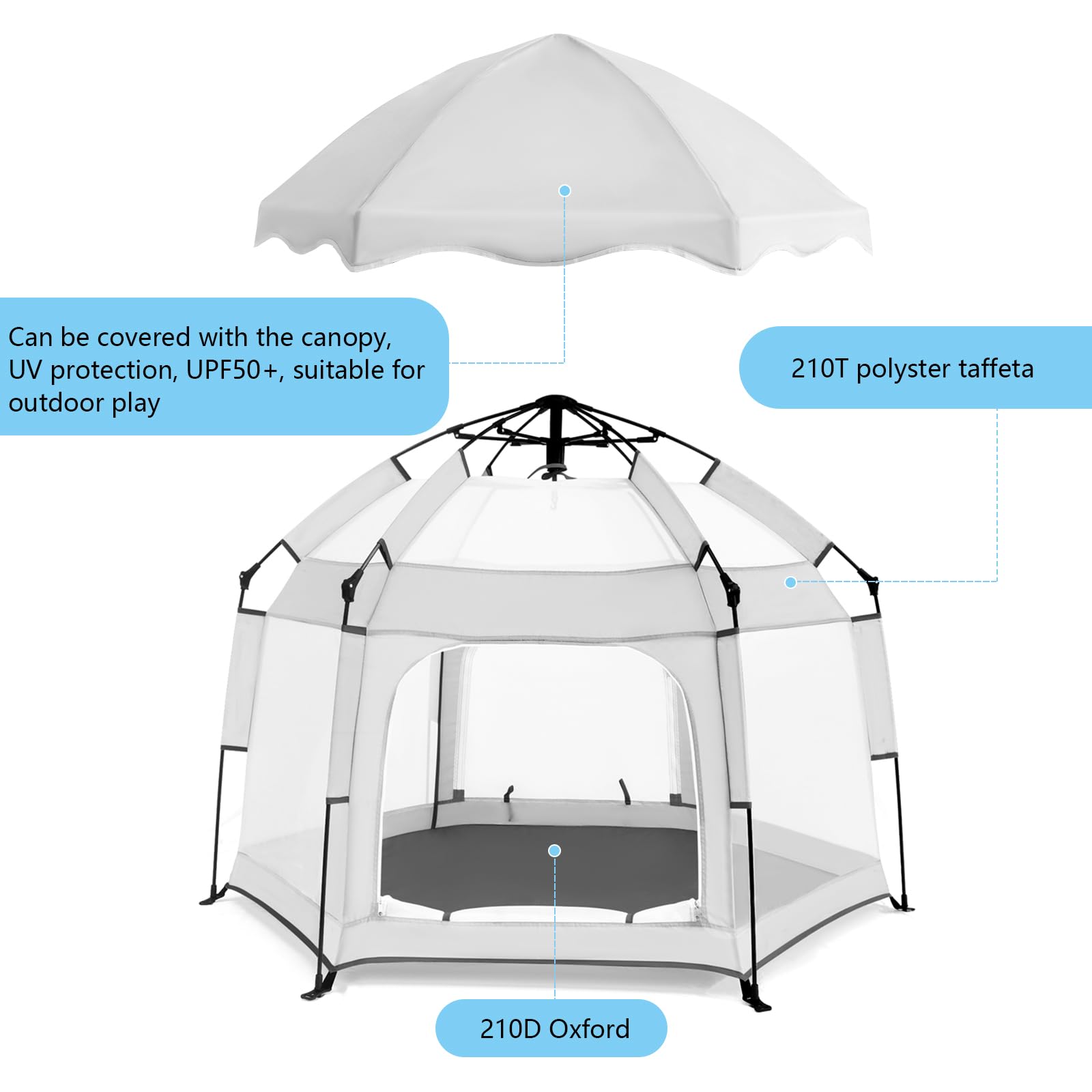 Portable Baby Playpen with Canopy - Foldable Play Yard for Toddlers Indoor & Outdoor, Light Grey Infant Beach Tent with Mosquito Net | Perfect for Park, Beach, Backyard & Nursery Use