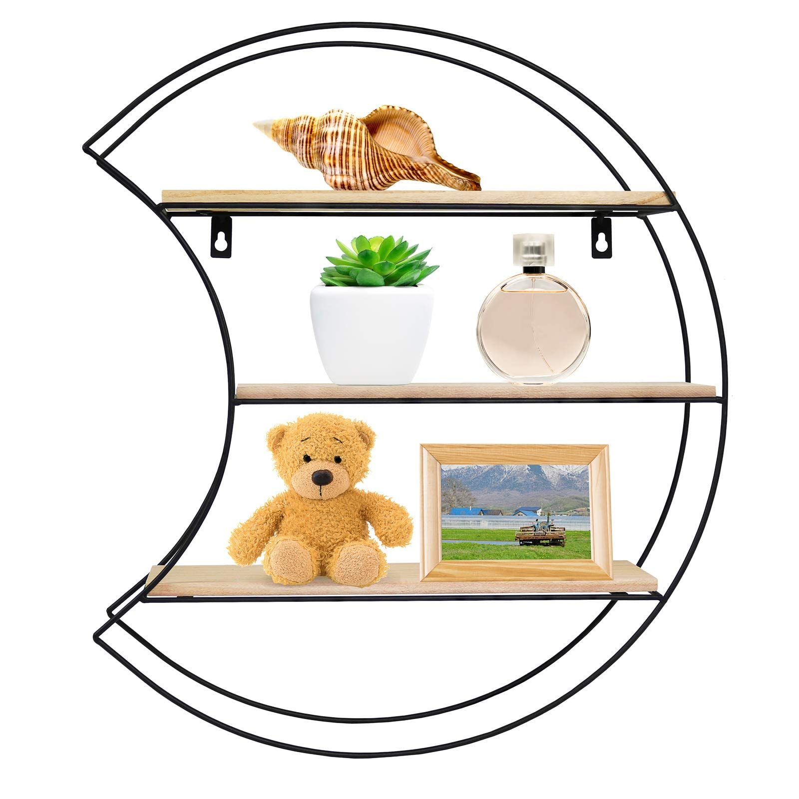 Greenco Geometric Moon Shaped Floating Wall Shelf - Rustic Wood & Metal Wire Home Decor Storage - Perfect for Bedroom, Living Room, Bathroom, Kitchen & Office - Natural Finish | Ideal for Displaying Books, Plants & Decorative Items in Small Spaces