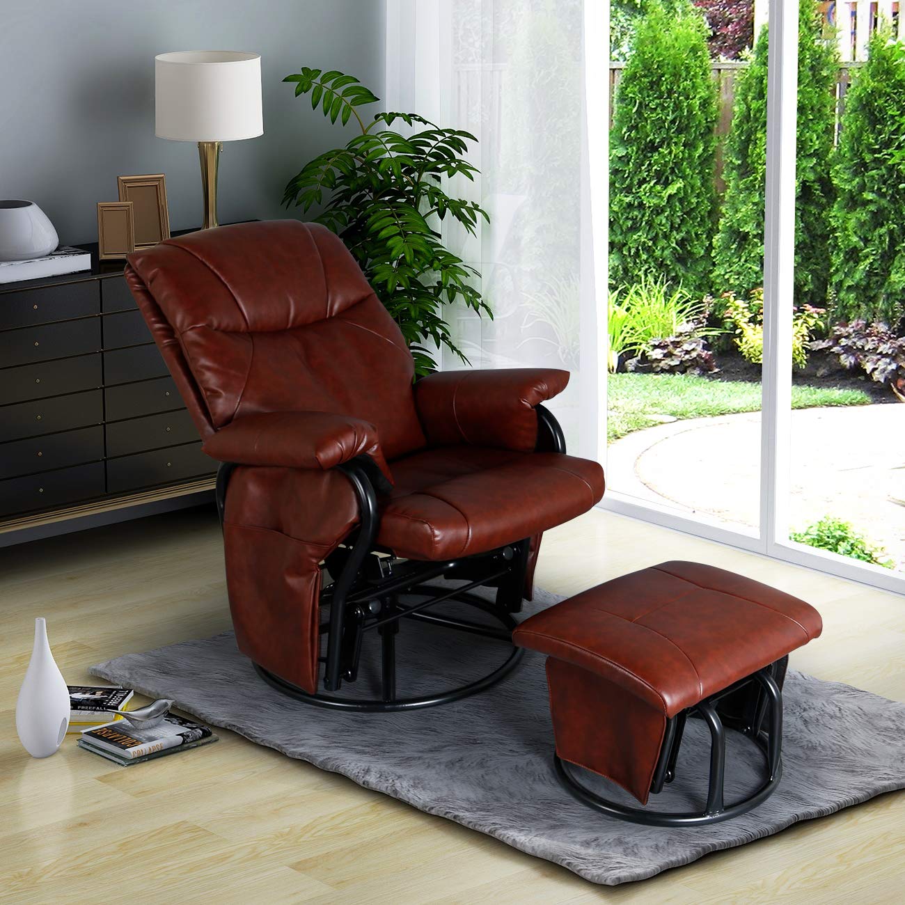 360° Swivel PU Leather Glider Chair with Ottoman - Rocking Recliner Lounge Chair Set for Living Room, Nursery & Patio (Brown) - Comfortable Armchair for Relaxing, Nursing & Reading