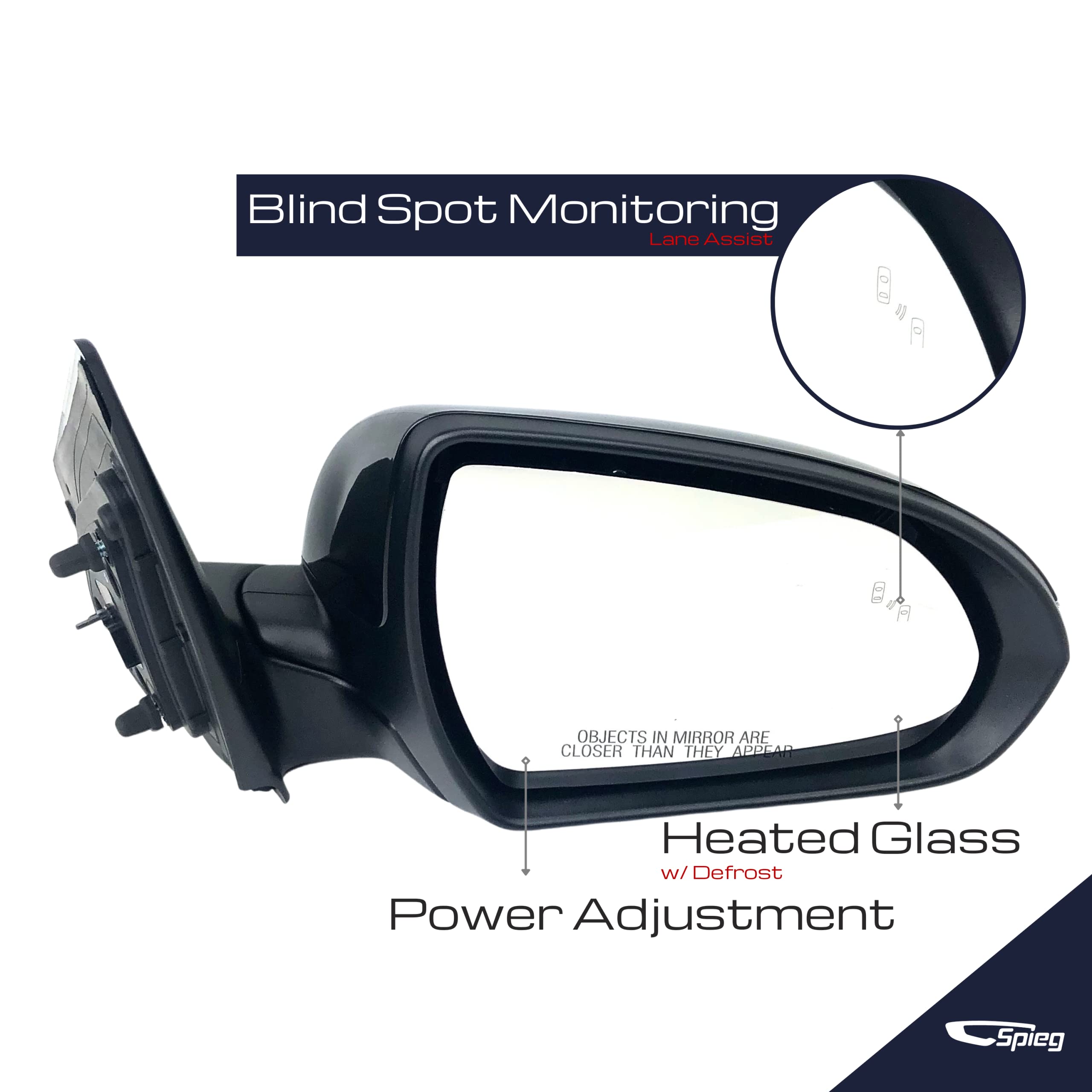 Spieg HY1321232 Passenger Side Mirror Replacement for Hyundai Elantra 2017-2018 - Power Heated Turn Signal with Blind Spot Monitoring, Paintable Black 8PIN (Right Side) - Perfect for Winter Driving and Enhanced Safety