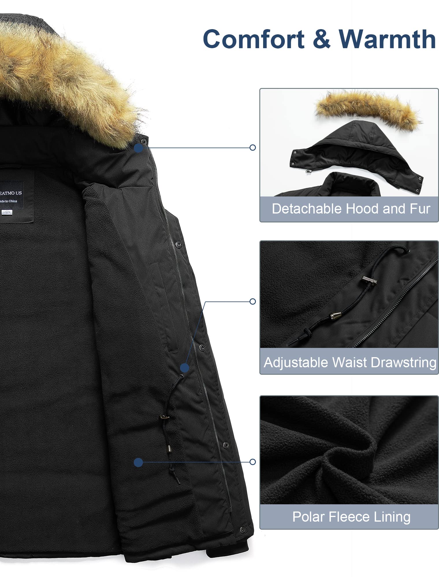 CREATMO Men's Big & Tall Waterproof Winter Puffer Jacket with Removable Fur Hood - Heavyweight Insulated Parka Coat for Cold Weather - Perfect for Snowboarding, Hiking & Outdoor Activities
