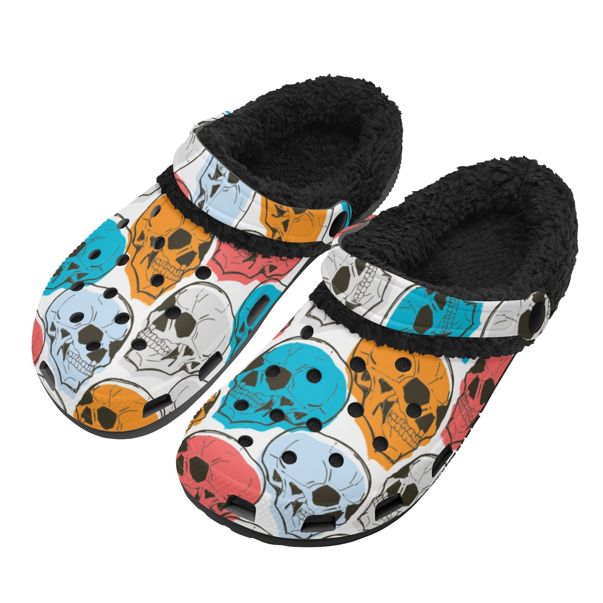 Stylish Colorful Skulls Black Fleece Slippers for Men & Women - Cozy Indoor/Outdoor House Shoes for Winter Comfort