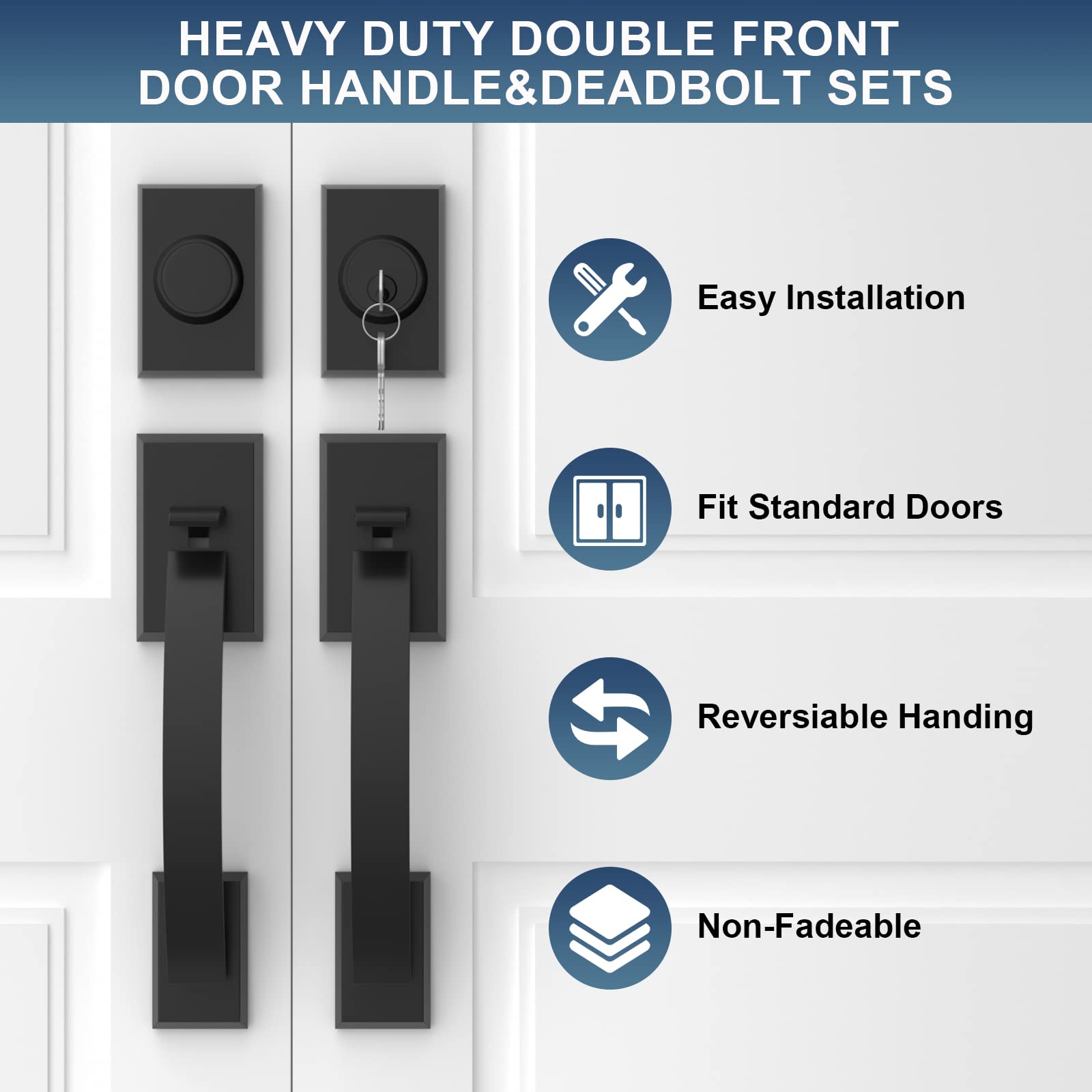 Premium Matte Black Double Door Lock Set - Heavy Duty Front Door Handle with Reversible Lever & Dummy for Enhanced Security | Ideal for Homes, Offices & Commercial Buildings