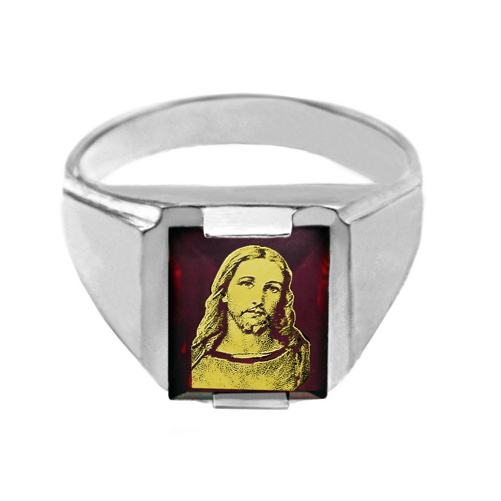 FDJ 925 Sterling Silver Men's Religious Ring with Red Stone & Jesus Face - Perfect for Church, Weddings & Daily Faith Wear