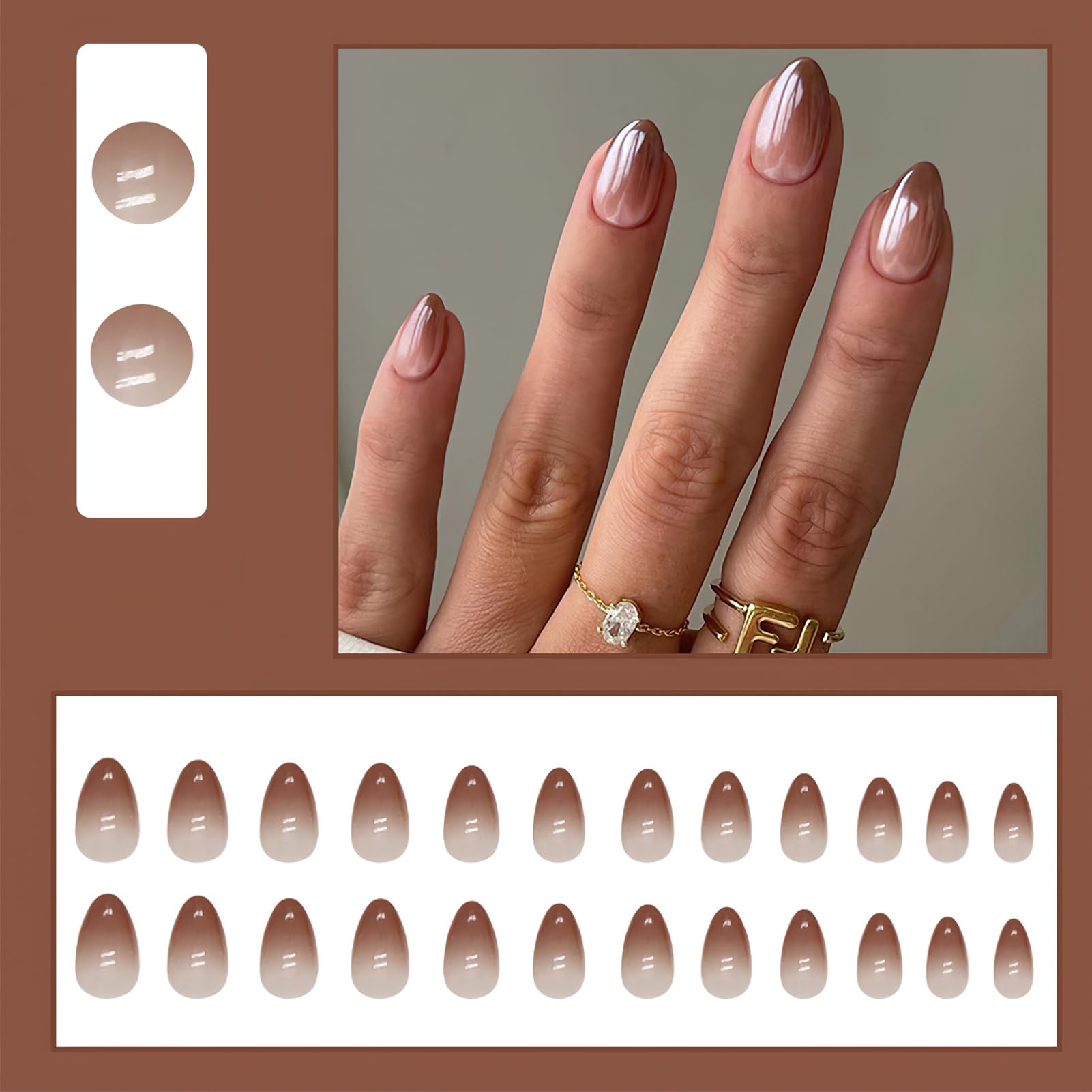 Gradient Brown Chrome Press on Nails - Medium Almond Fake Nails with Mirror Metal Design | Glossy Ombre Acrylic Glue on Nails for Women & Girls | 24Pcs Manicure Set for Parties, Weddings & Special Occasions