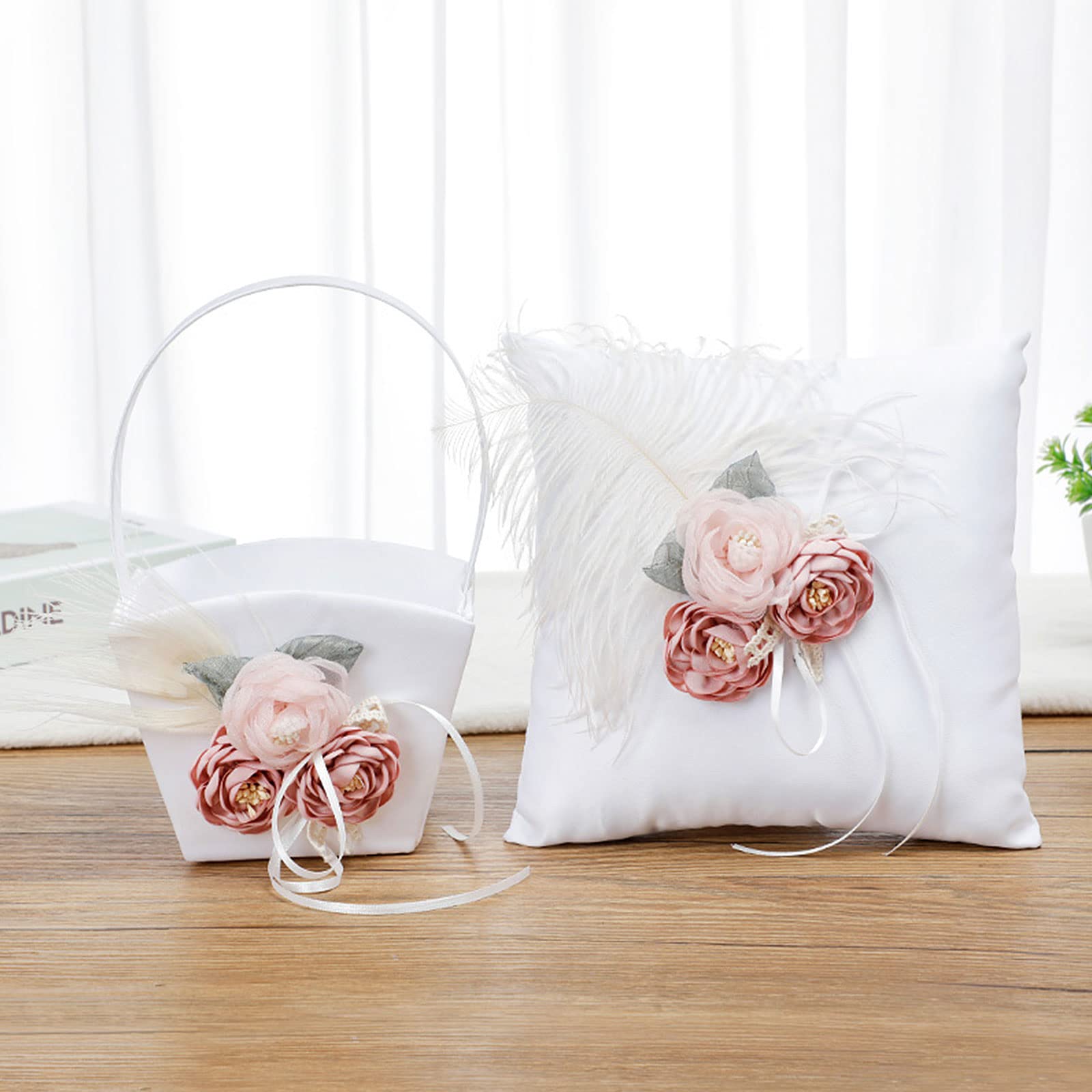 Ivory Satin Wedding Basket & Pillow Set - Flower Girl & Ring Bearer Accessories for Rustic Ceremonies