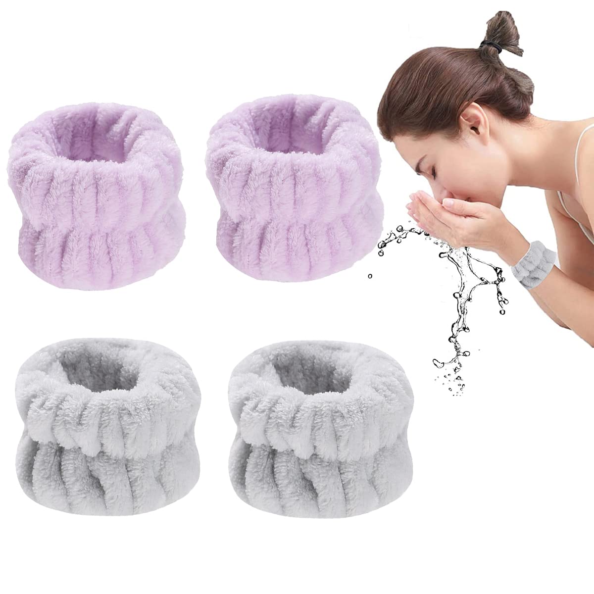 MAYCREATE® 2 Pairs Absorbent Spa Wristbands for Women - Soft Facial Washing Bands for Skincare, Yoga & Fitness - Purple & Gray - Perfect for Daily Face Cleansing, Gym Workouts & Beauty Routines