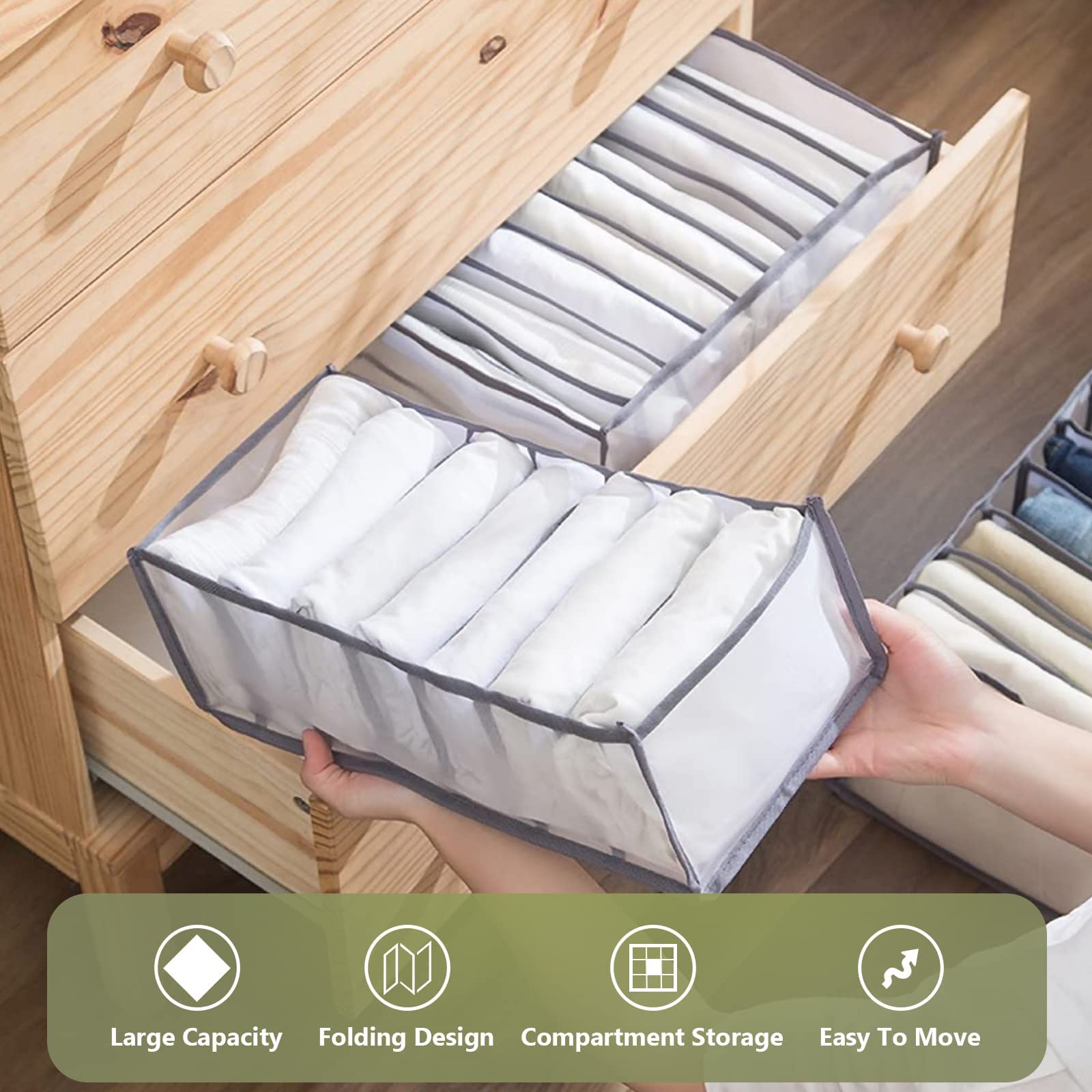 TOOVREN Extra Large 9-Grid Jeans Organizer - Foldable Drawer Closet Storage with Washable Compartments (3-Pack) | Perfect for Denim, Pants & Clothing Organization in Bedroom, Closet or Dorm