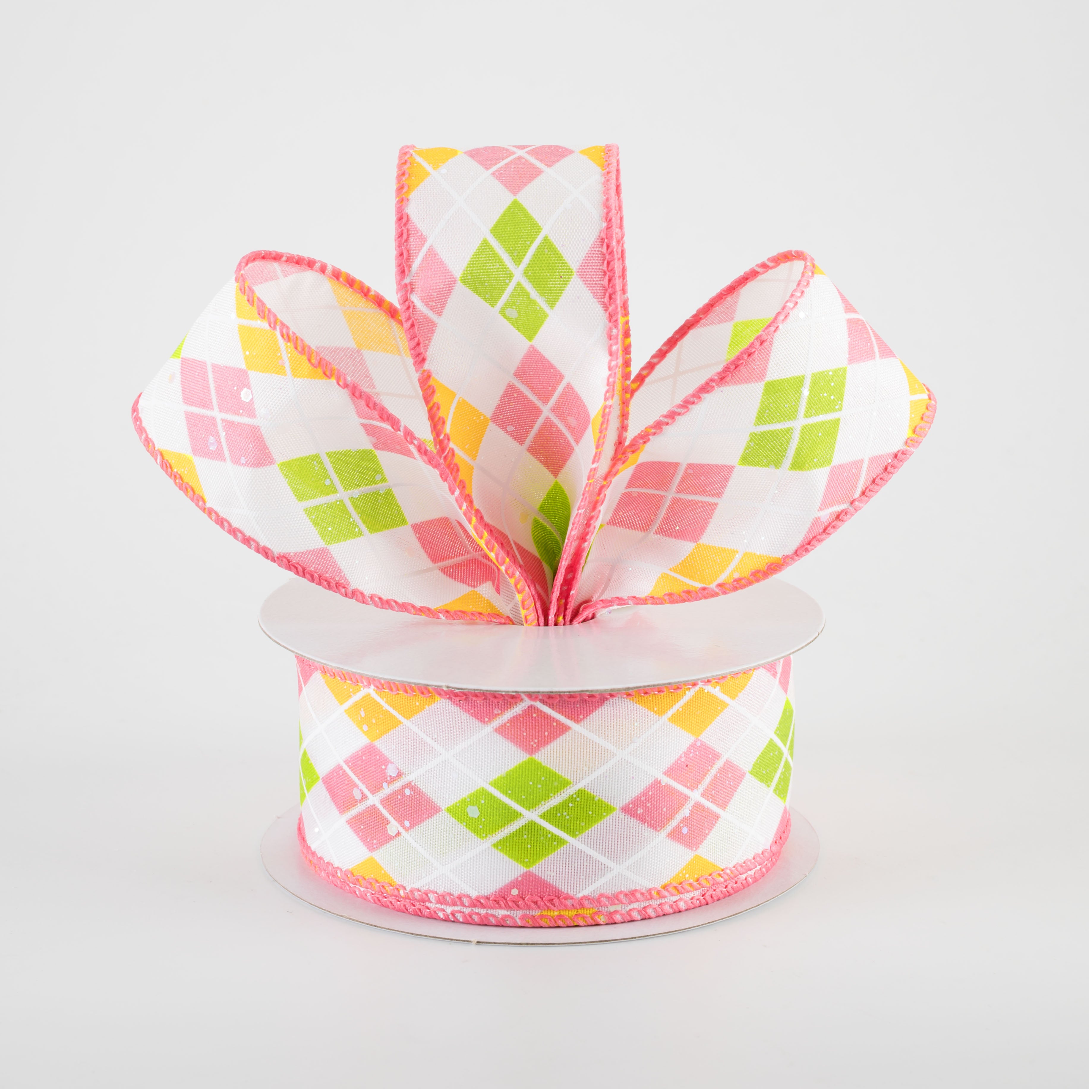 1.5 Inch Iridescent Argyle Ribbon - White, Kiwi, Pink & Yellow (10 Yards) for Gift Wrapping, DIY Crafts, Hair Bows & Party Decorations
