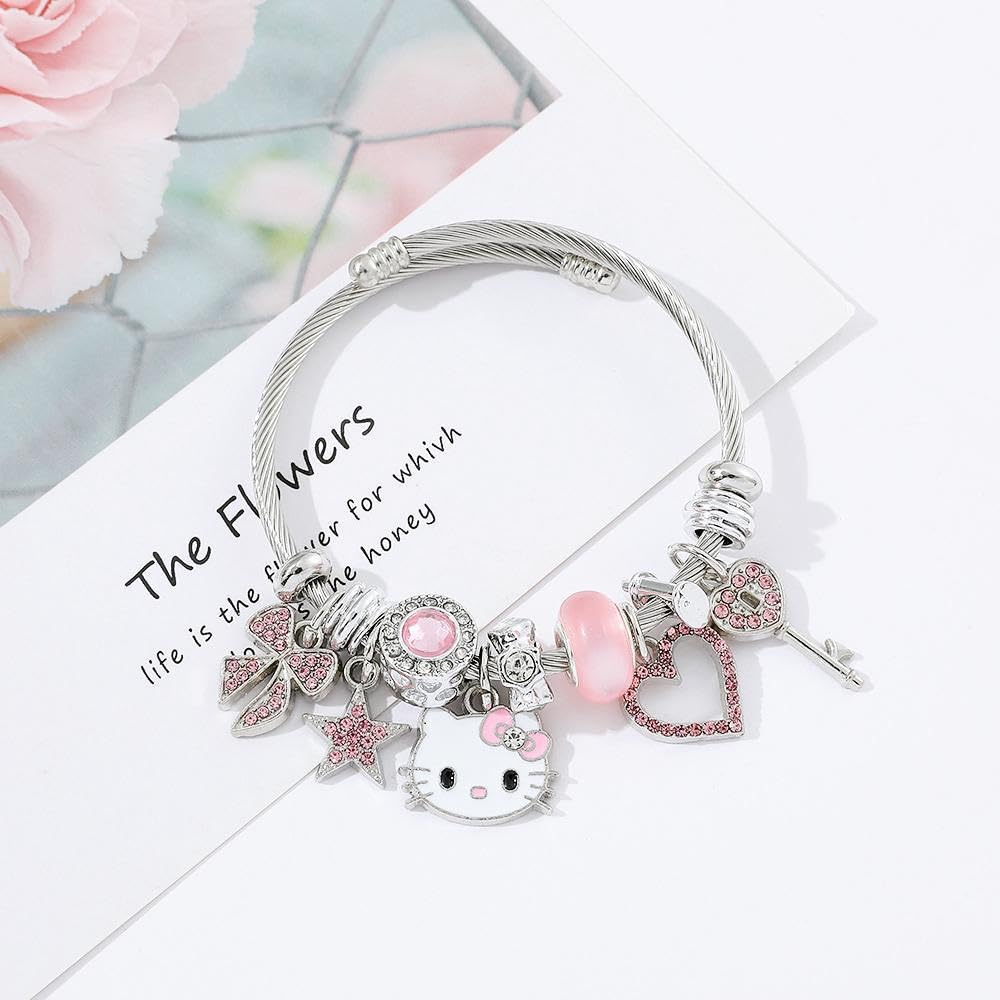 Aimery Kitty Charms Bracelet - Kawaii DIY Cartoon Bangle with Cubic Zirconia - Cute Jewelry Gift for Wife, Girlfriend, Daughter - Perfect for Birthday, Anniversary, Valentine's Day Gifts