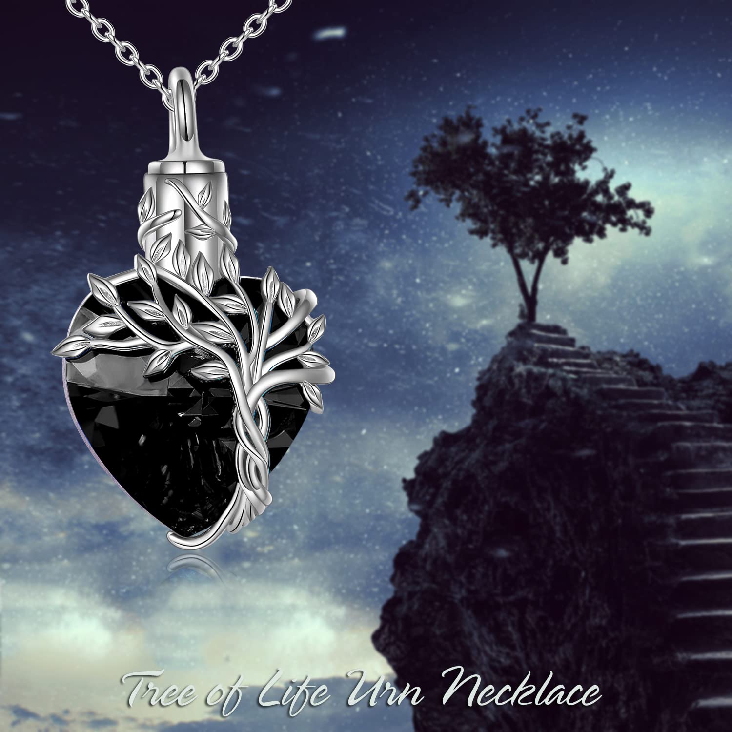 TOUPOP Sterling Silver Heart Tree of Life Urn Necklace - Cremation Jewelry for Ashes with Crystal & Funnel Filler - Memorial Keepsake Gift for Women, Mothers, Daughters (Perfect for Remembrance, Sympathy & Special Occasions)