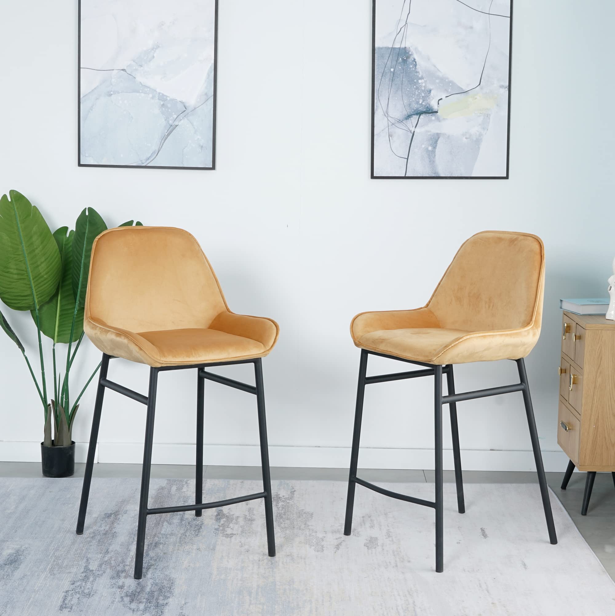 Modern Velvet Counter Height Bar Stools Set of 2 with Backrest & Footrest - Armless Upholstered Barstools for Kitchen Island, Breakfast Bar & Dining Table - Comfortable Seating for Home, Cafe & Restaurant (C-Yellow)