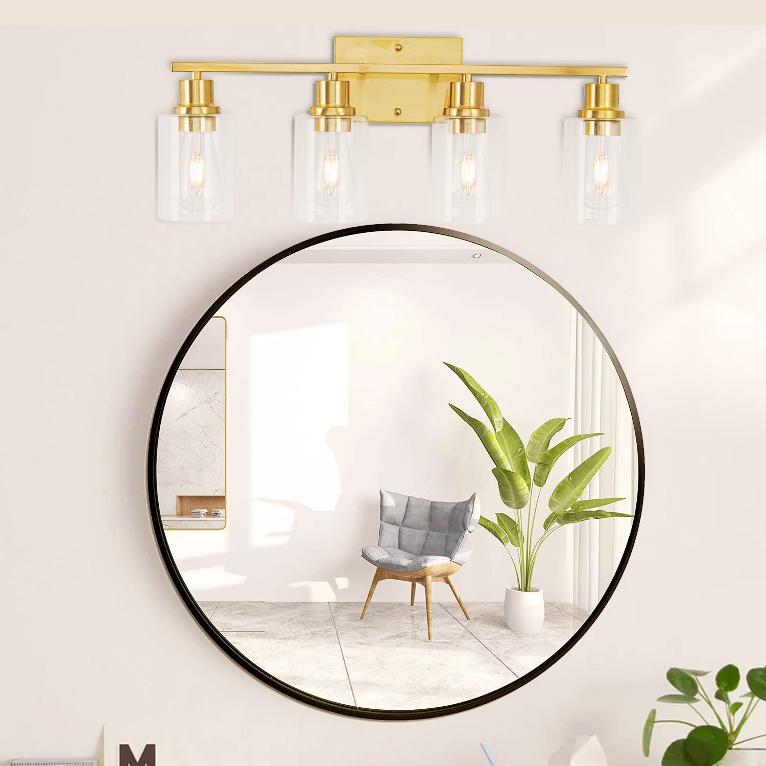4-Lights Gold Bathroom Vanity Light Fixture - Brushed Brass Modern Wall Sconce with Clear Glass Shade - Perfect for Bathroom, Living Room, Hallway & Bedroom Lighting Decor