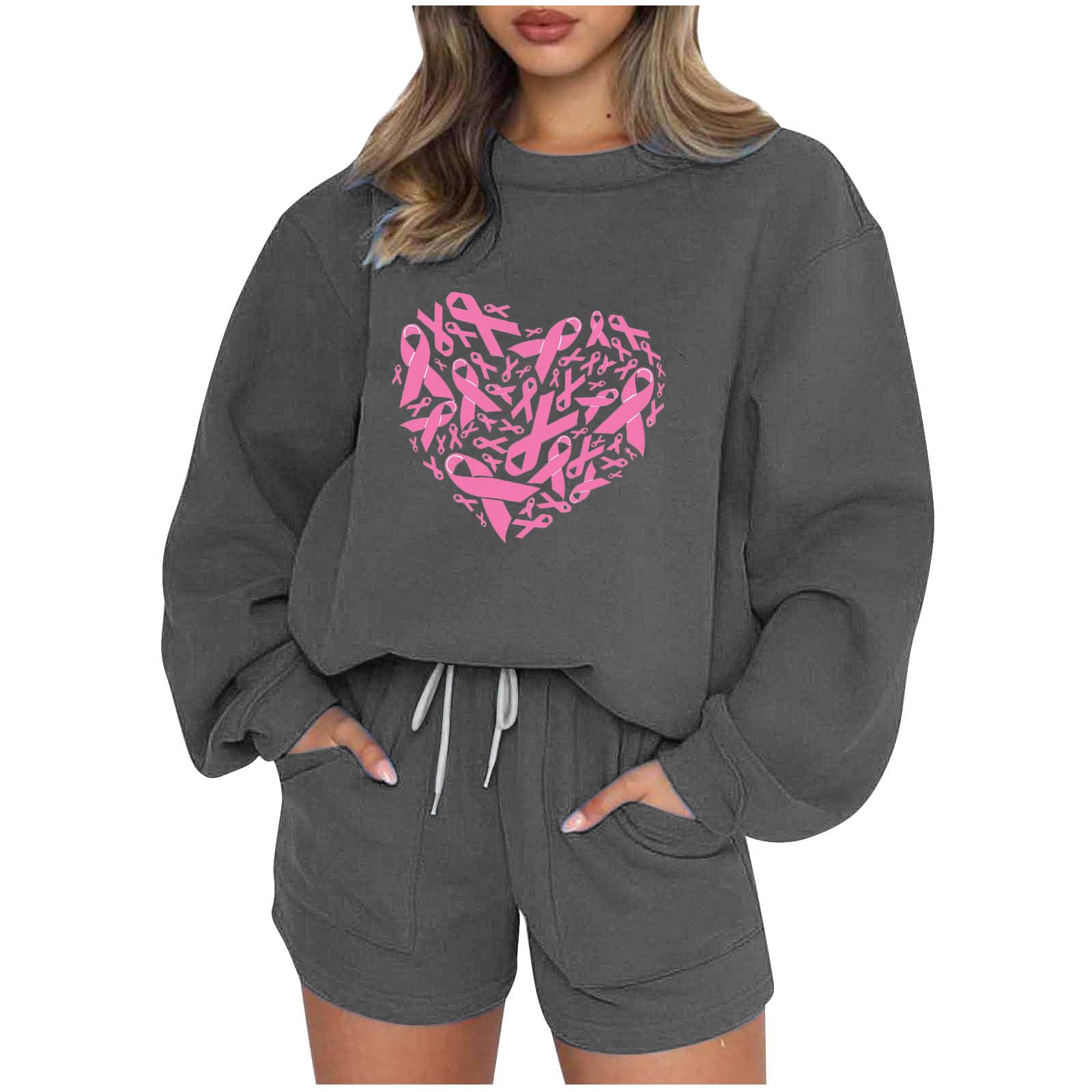 2-Piece Women's Breast Cancer Awareness Long Sleeve Sweatshirt & Shorts Lounge Set - Comfortable Fall Matching Outfit 2024 | Casual Wear, Home Relaxation, Support Awareness