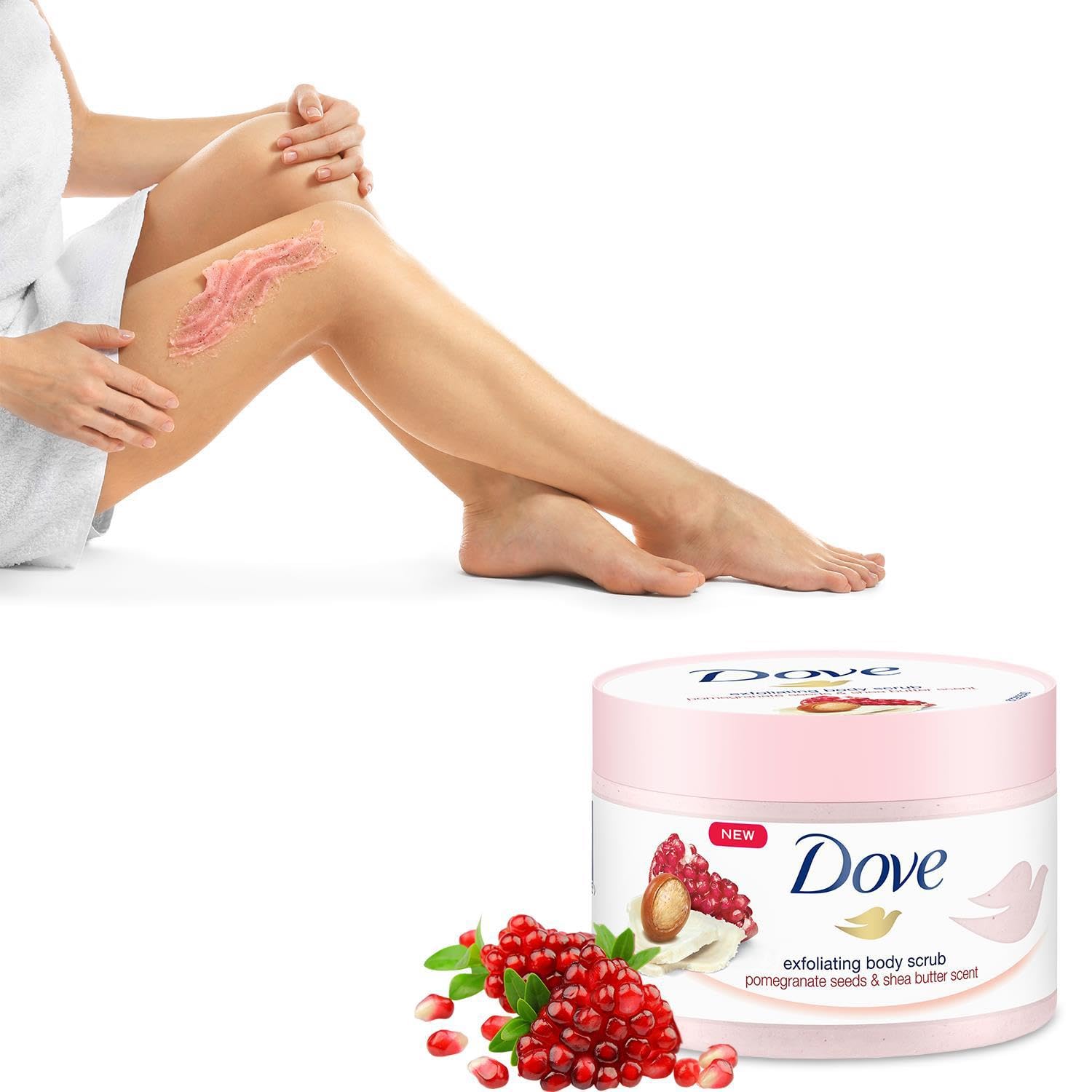Dove Exfoliating Body Scrub with Pomegranate & Shea Butter - 225ml (2 Pack) - Deep Cleansing & Moisturizing for Smooth Skin - Perfect for Shower, Spa & Self-Care Routine