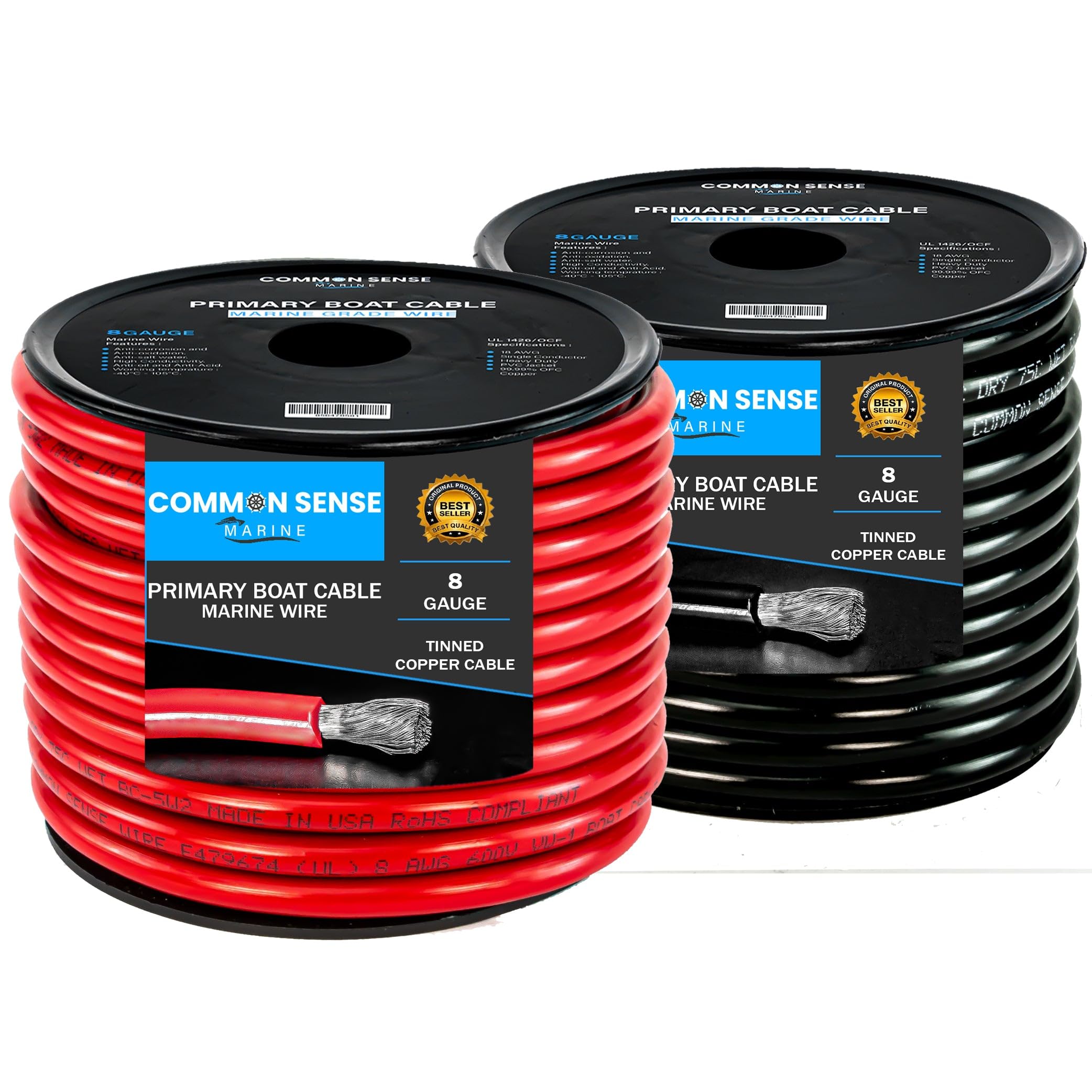 8 Gauge Marine Grade Primary Boat Cable - 60 ft Tinned Oxygen-Free Copper Wire (8 AWG) | UL 1426 Standard PVC Wire for Boats, Automotive, Speakers, Campers & Trailers | Perfect for Marine Electrical Systems, RV Wiring, and Audio Installations